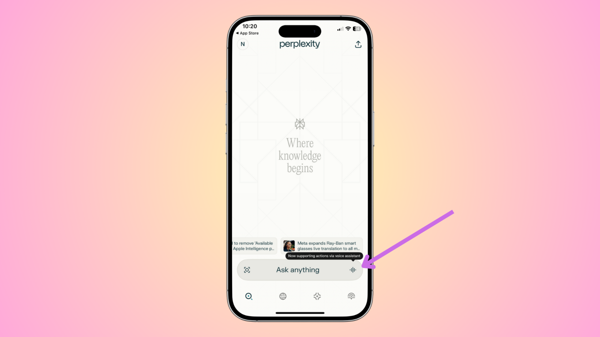 Perplexity's voice assistant shown in a mock-up of an iPhone on a pink background.