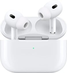 apple airpods pro 2 earbuds in a case against a white background