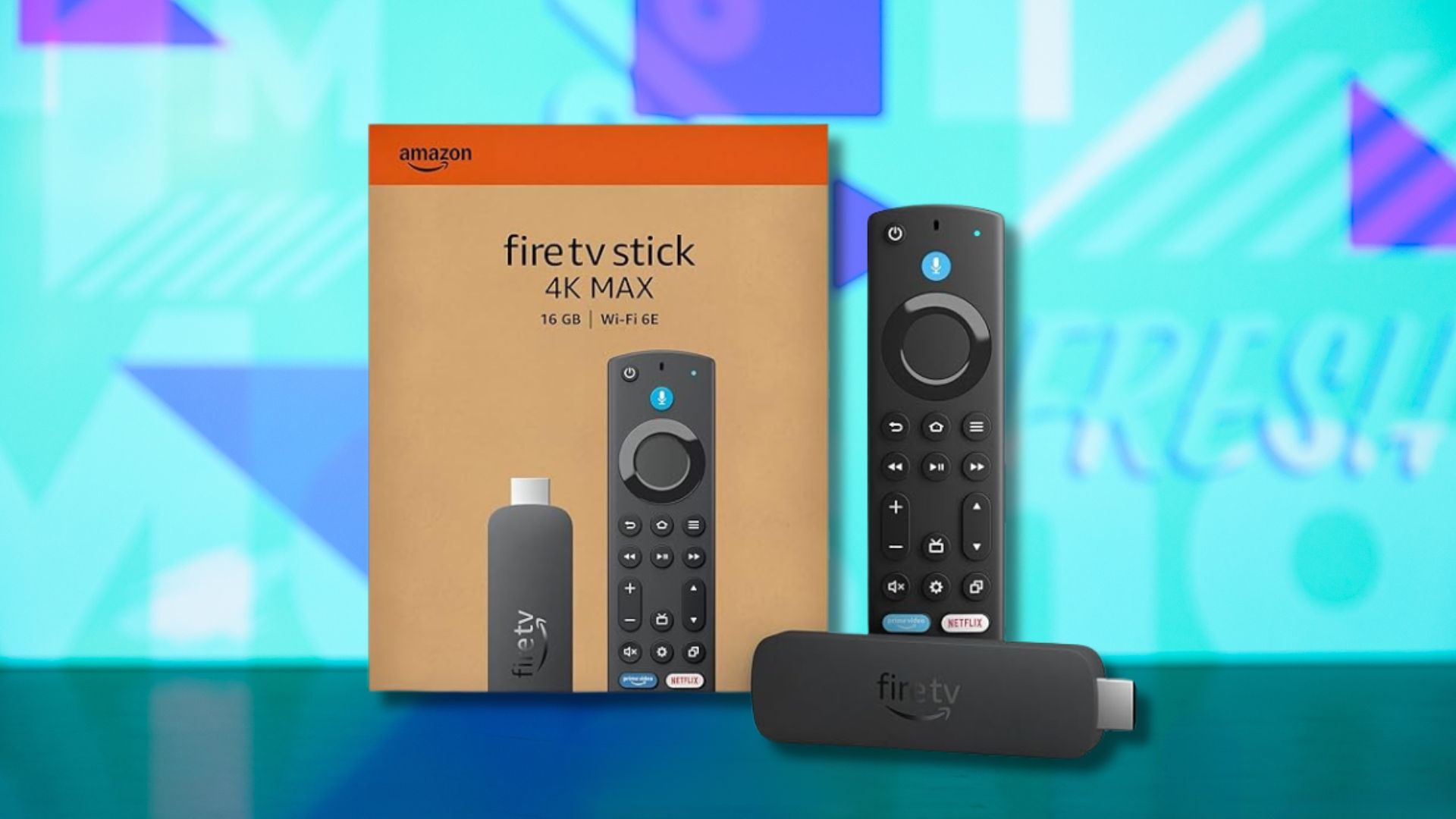 amazon fire tv stick 4k max streaming stick and box against a light blue patterned background