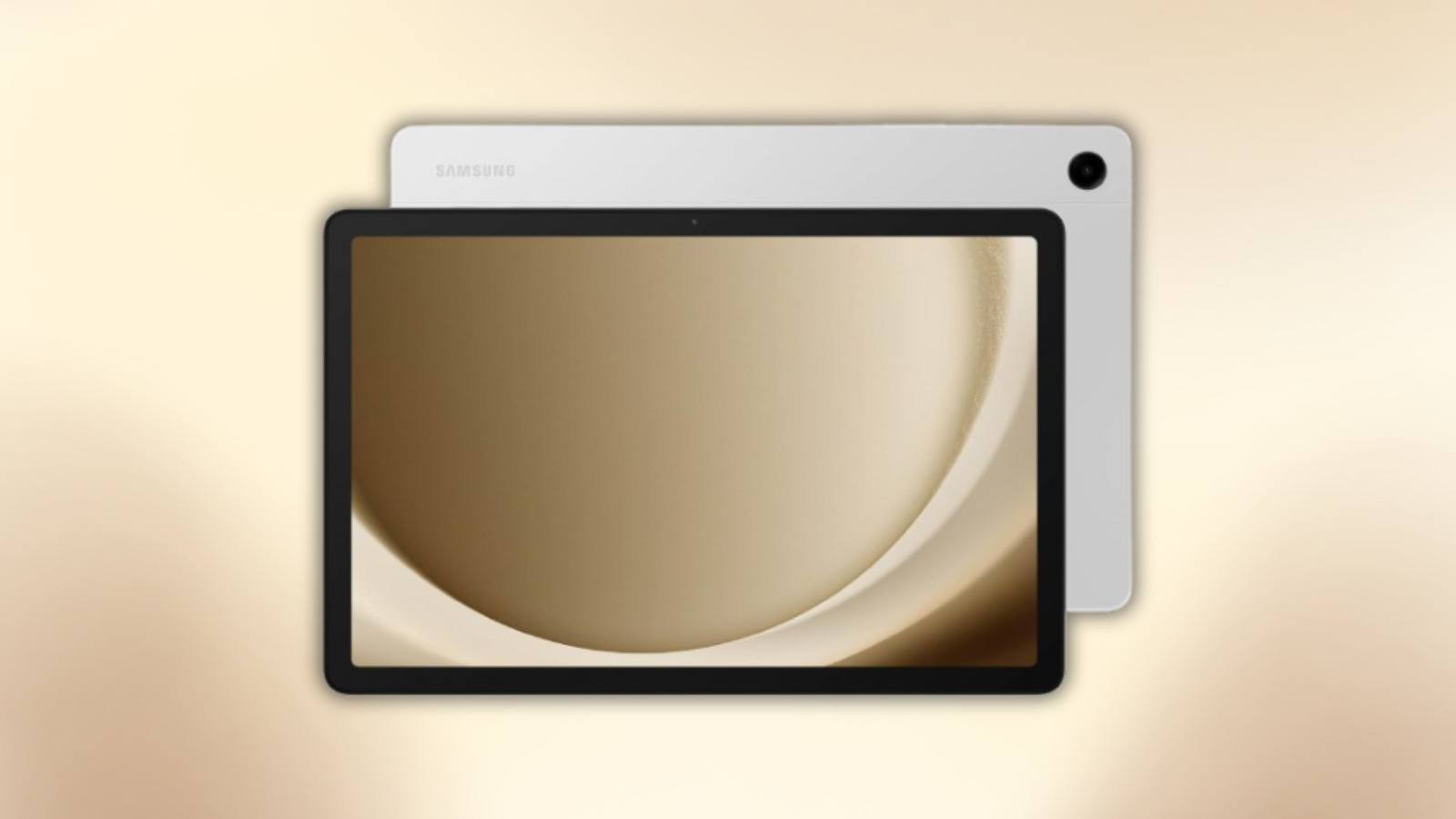 Samsung Galaxy Tab A9+ with gold gradient background