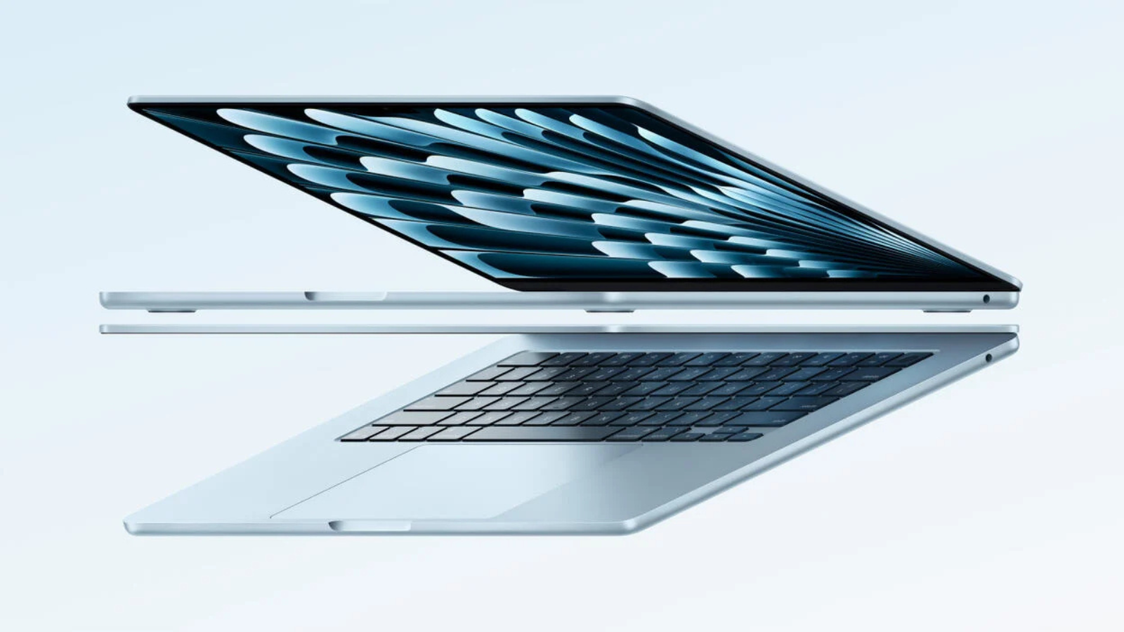 Apple M4 MacBook Air in sky blue colorway with blue background