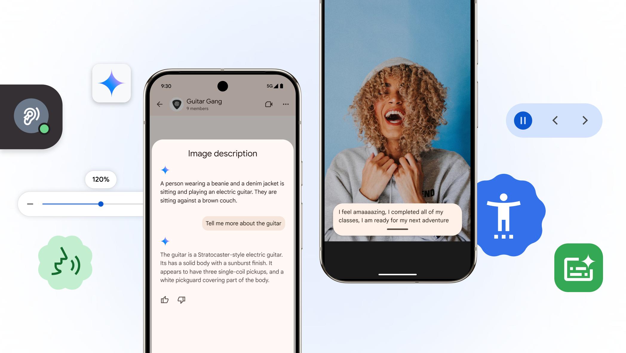 A collage of Google accessibility images, including two phone screens showing live captions and an image description.