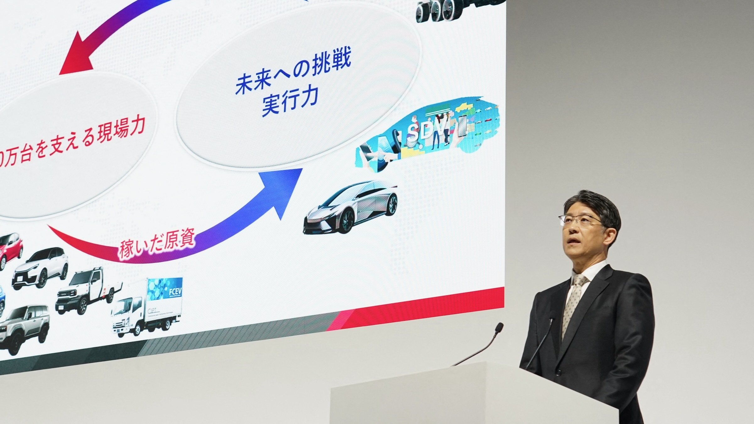 Toyota Motor President and CEO Koji Sato speaks during a press briefing