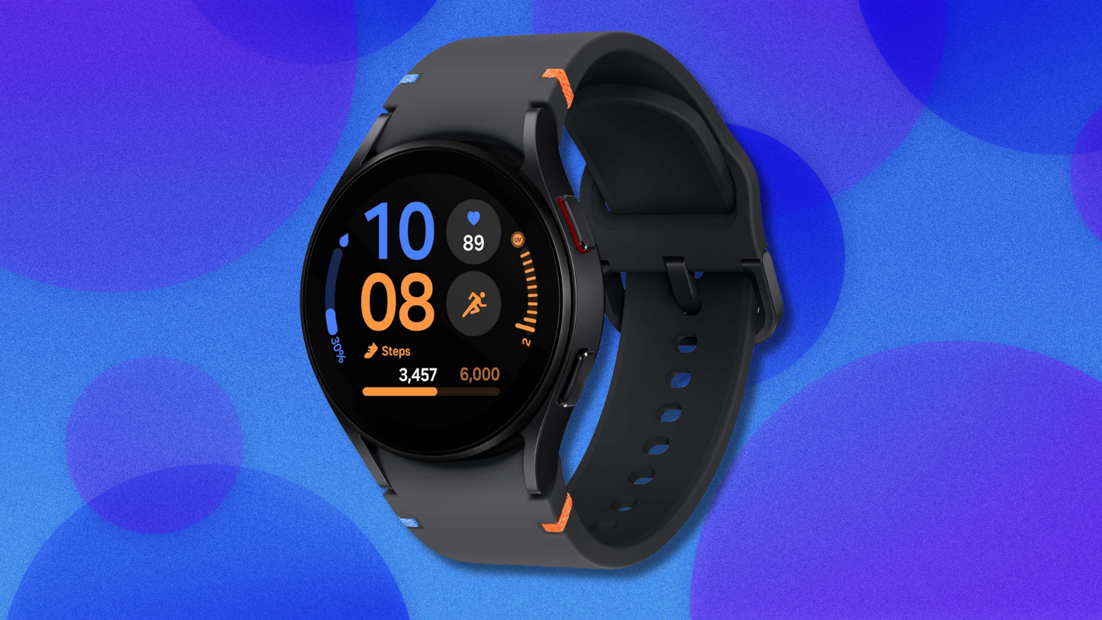 Samsung Galaxy Watch FE on blue and purple abstract background