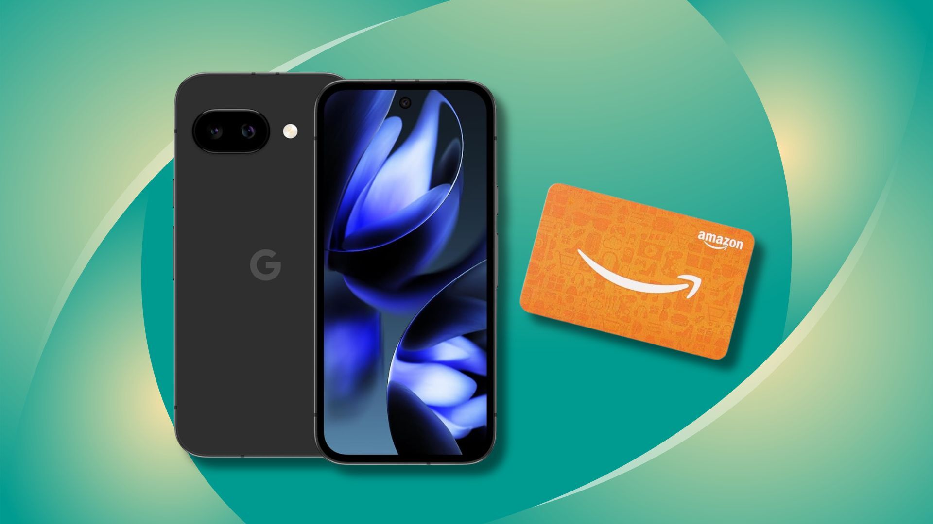google pixel 9a phone and amazon gift card against a green background
