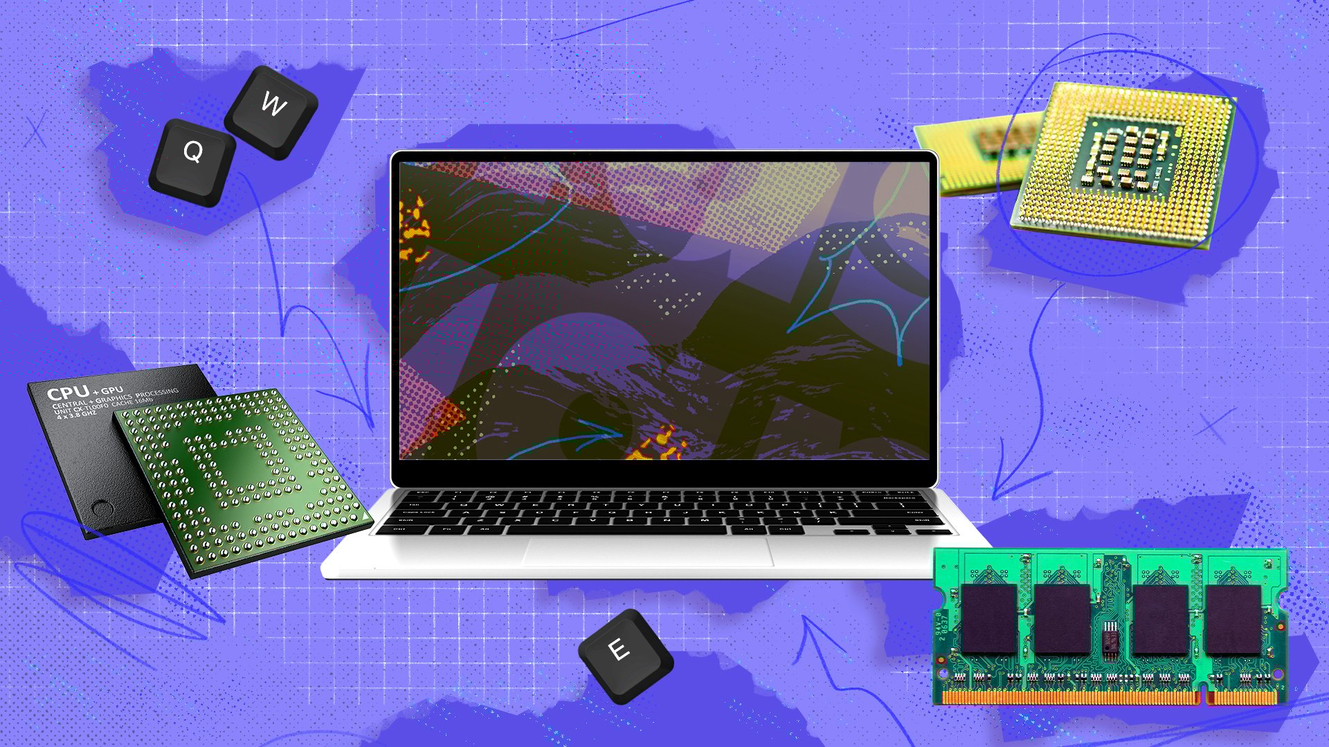 a laptop surrounded by various laptop components 