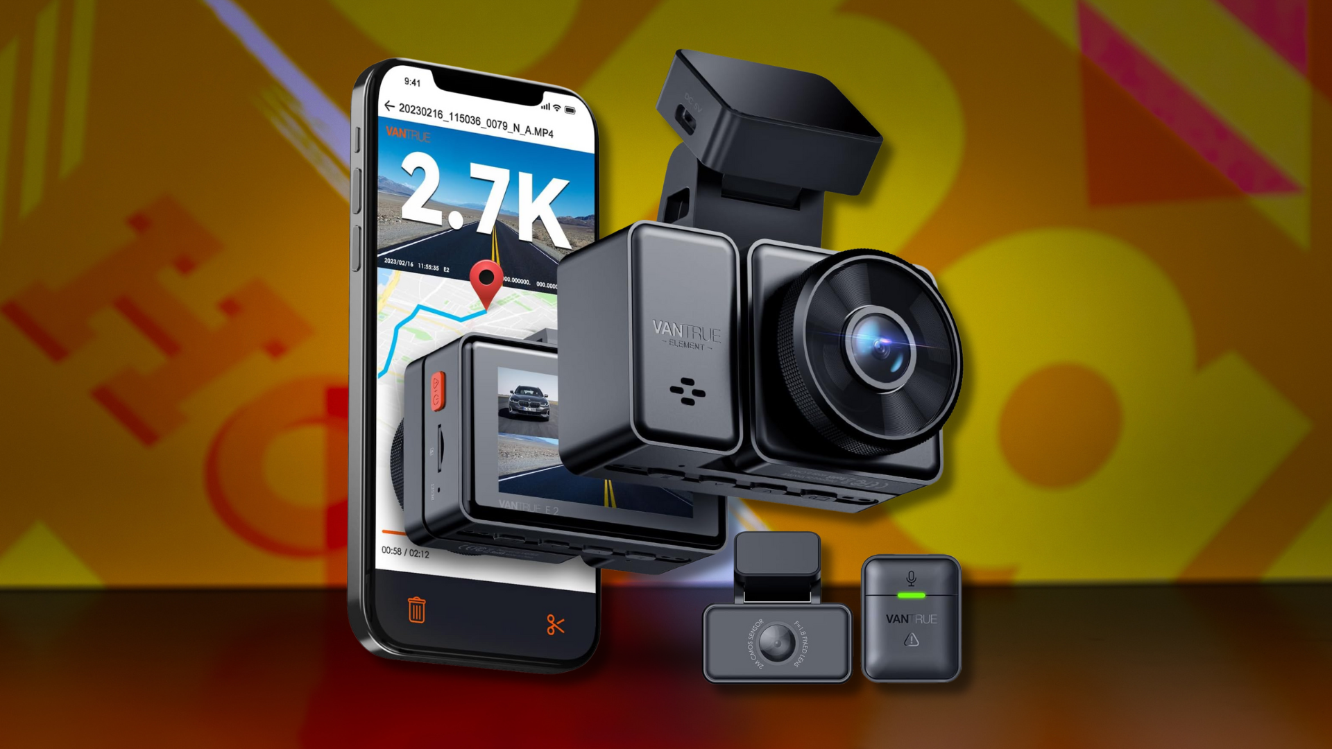 A Vantrue dash cam on a colorful background