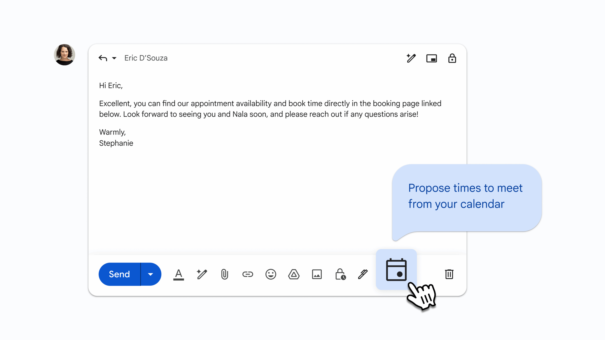 An image of a user using Gemini to schedule a meeting for them