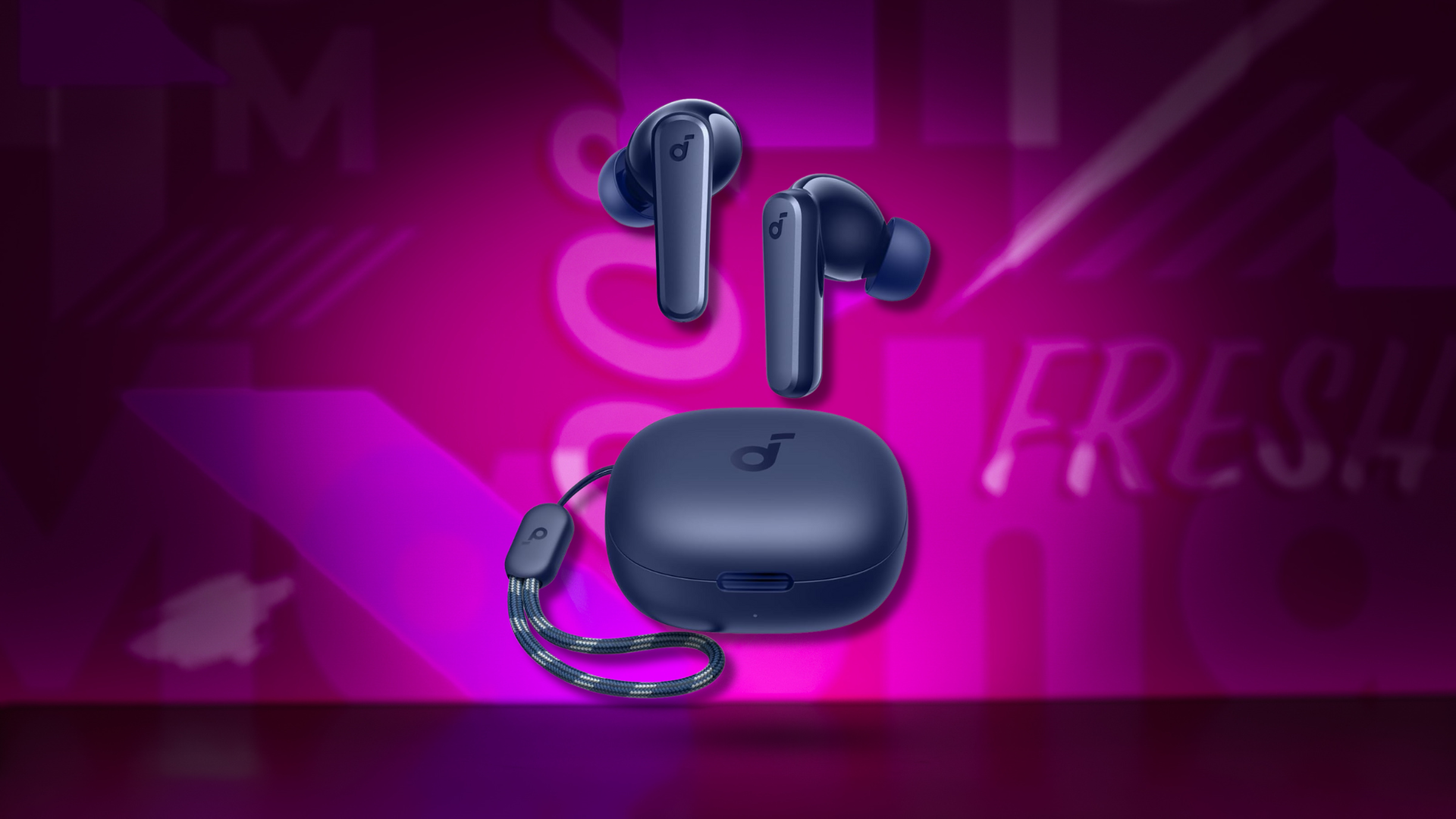 Dark blue Soundcore by Anker wireless earbuds are shown floating above their matching charging case with a patterned wrist strap, set against a vibrant magenta background with stylized white text.