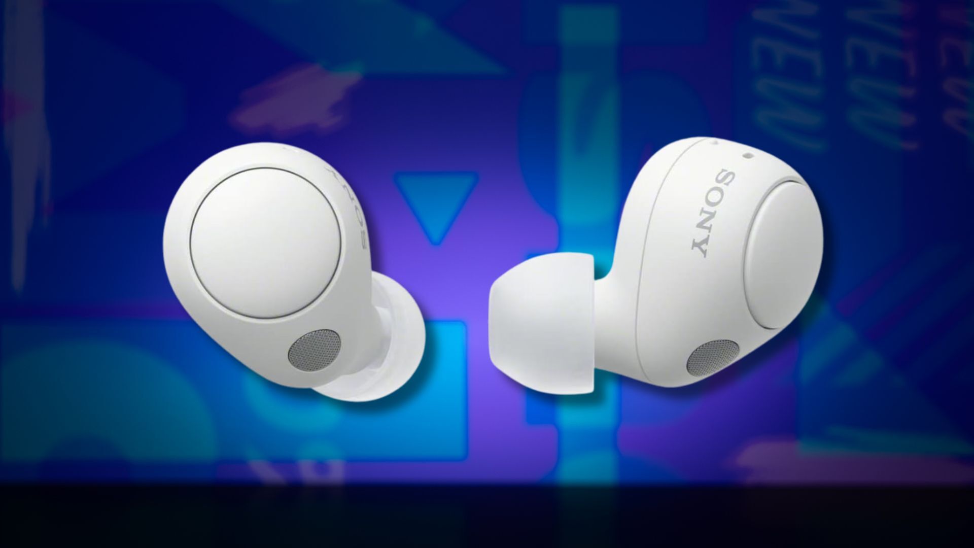 sony wf-c700n earbuds against a dark blue patterned background