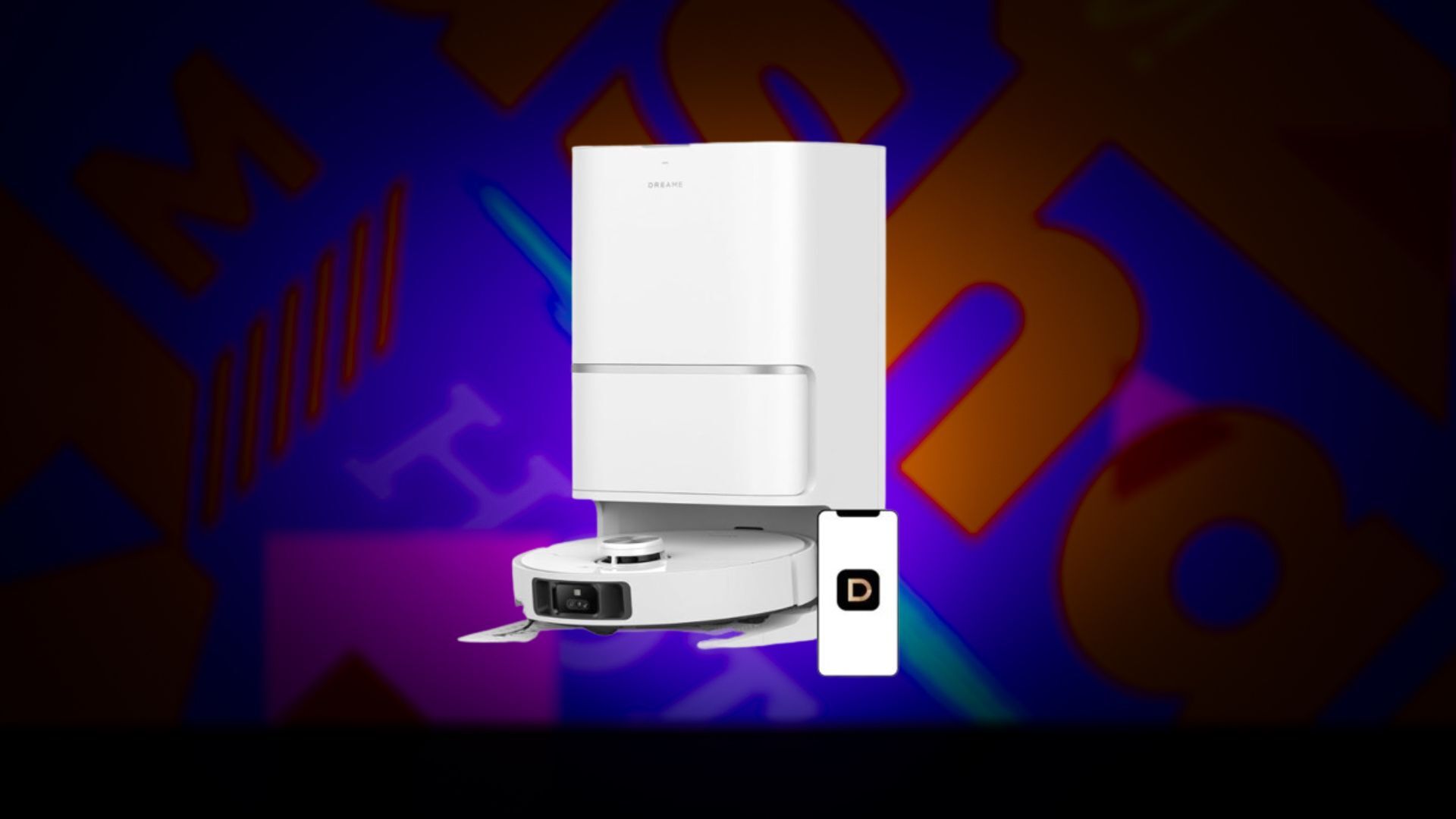 A Dreame robot vacuum appears on an abstract background.