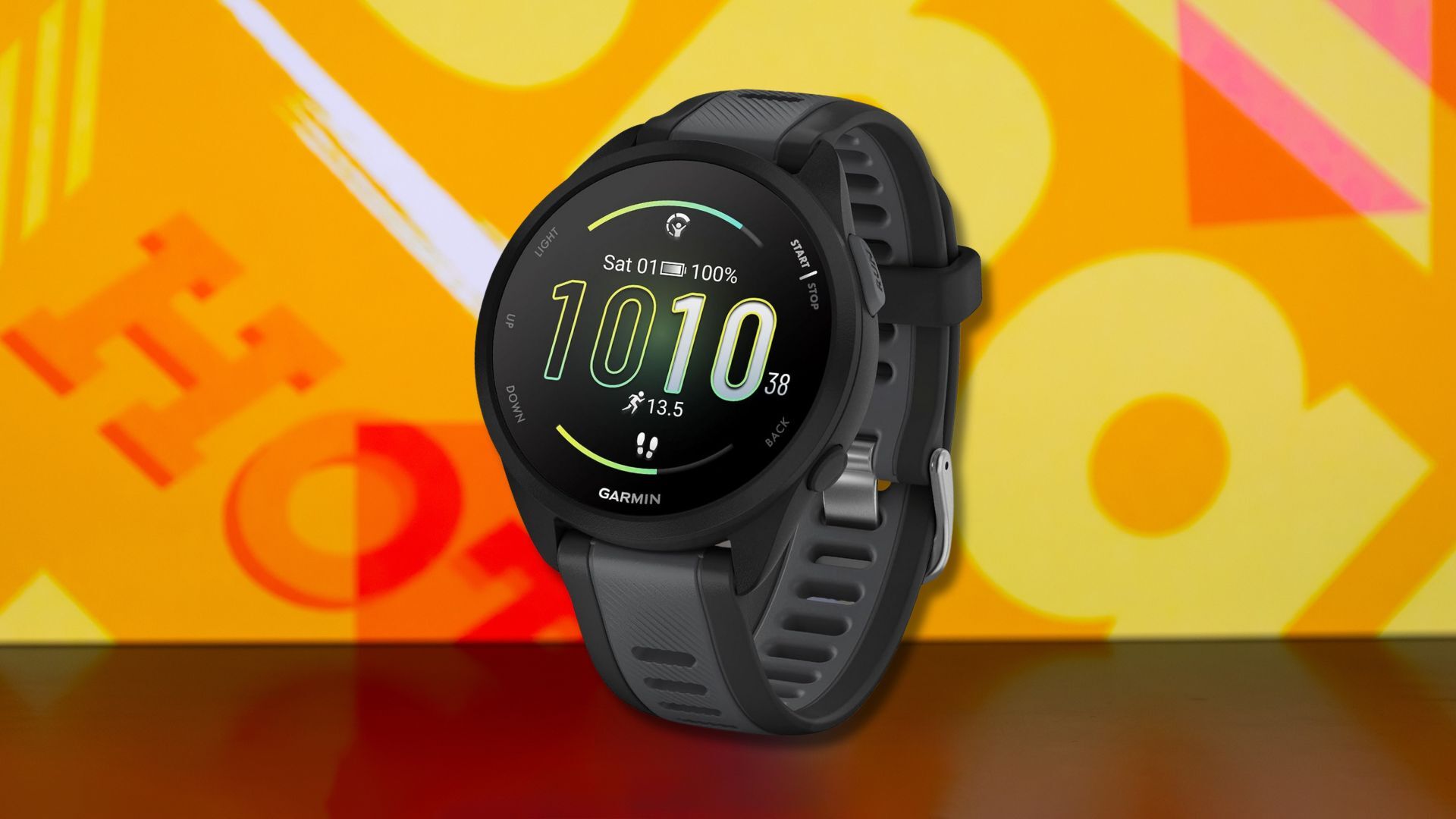 garmin forerunner 165 smartwatch against a yellow patterned background