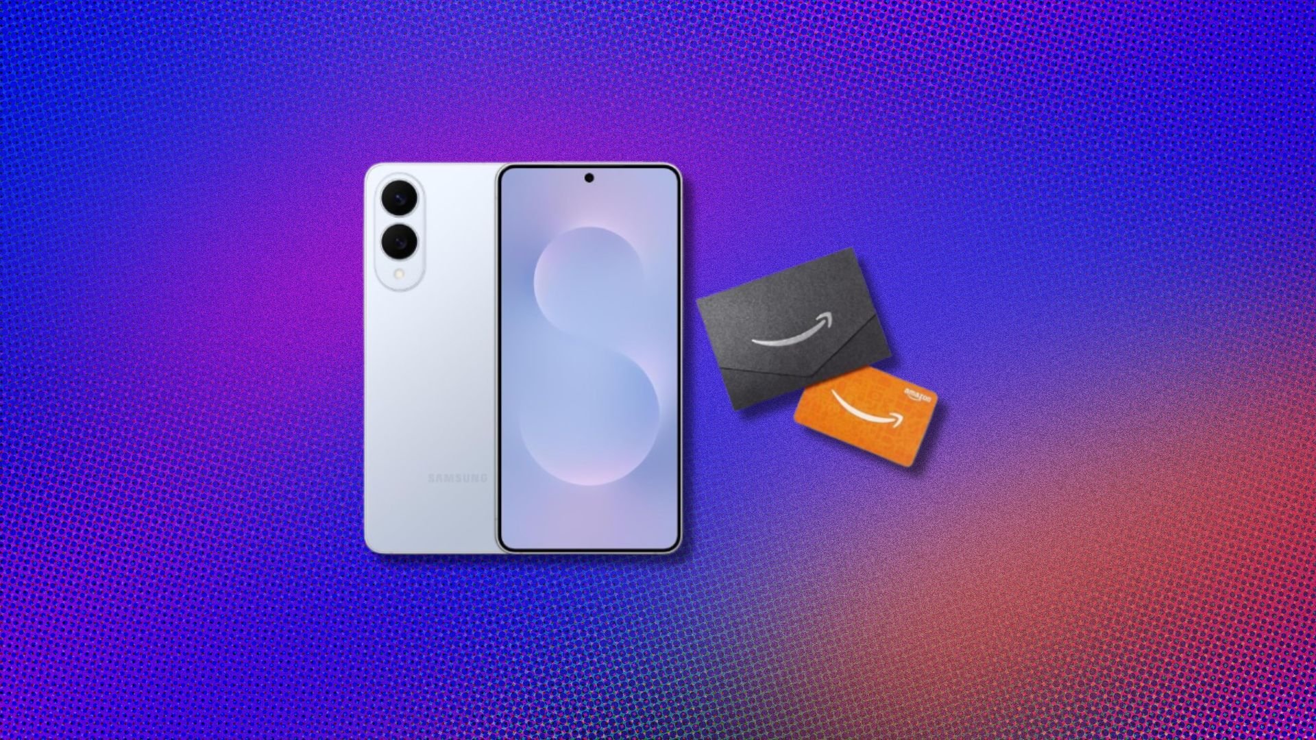 the Saumsung Galaxy S25 Edge phone with an Amazon gift card and envelope on a purple background