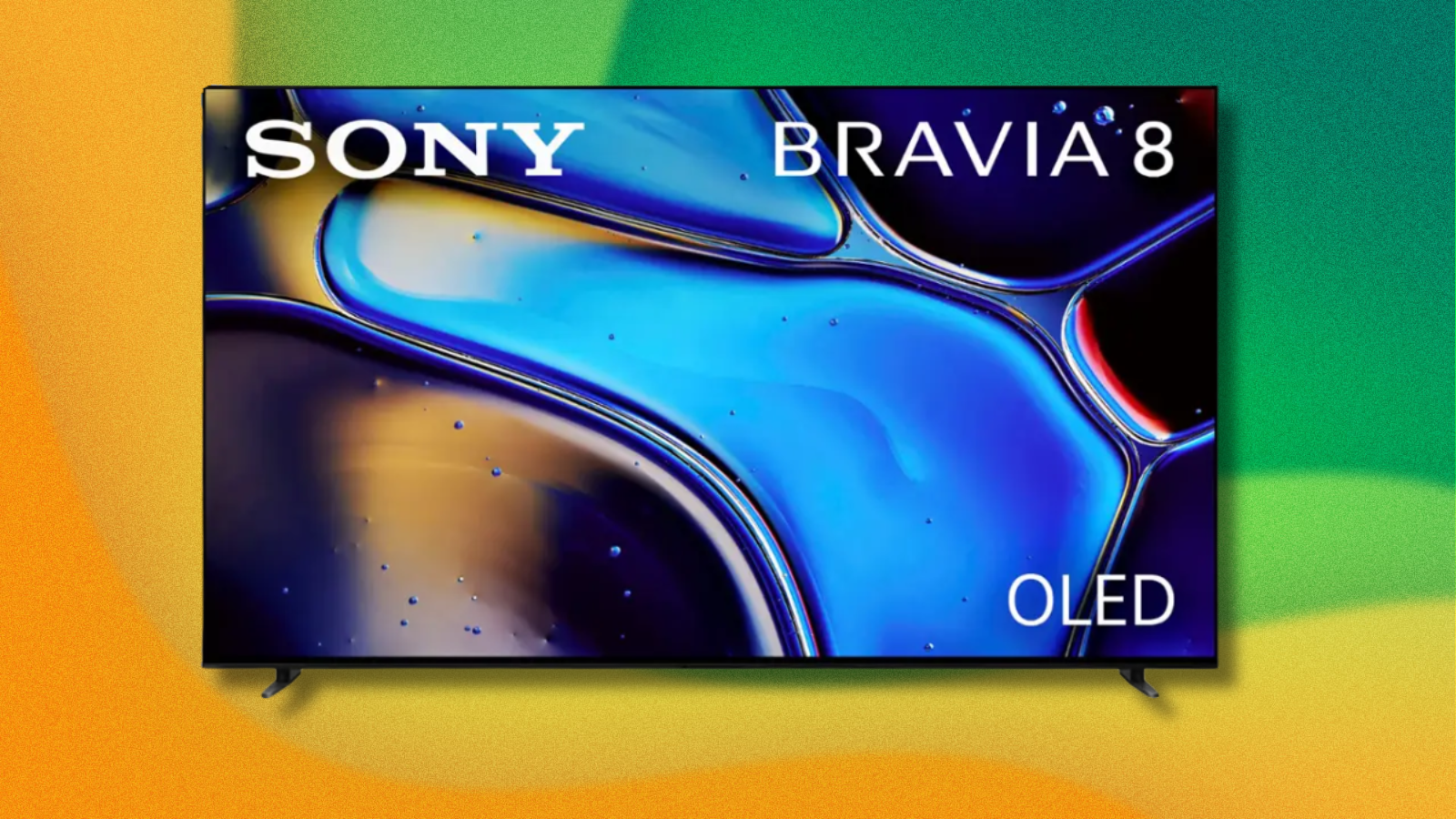 65-inch Sony Bravia 8 4K OLED TV on yellow and green abstract background