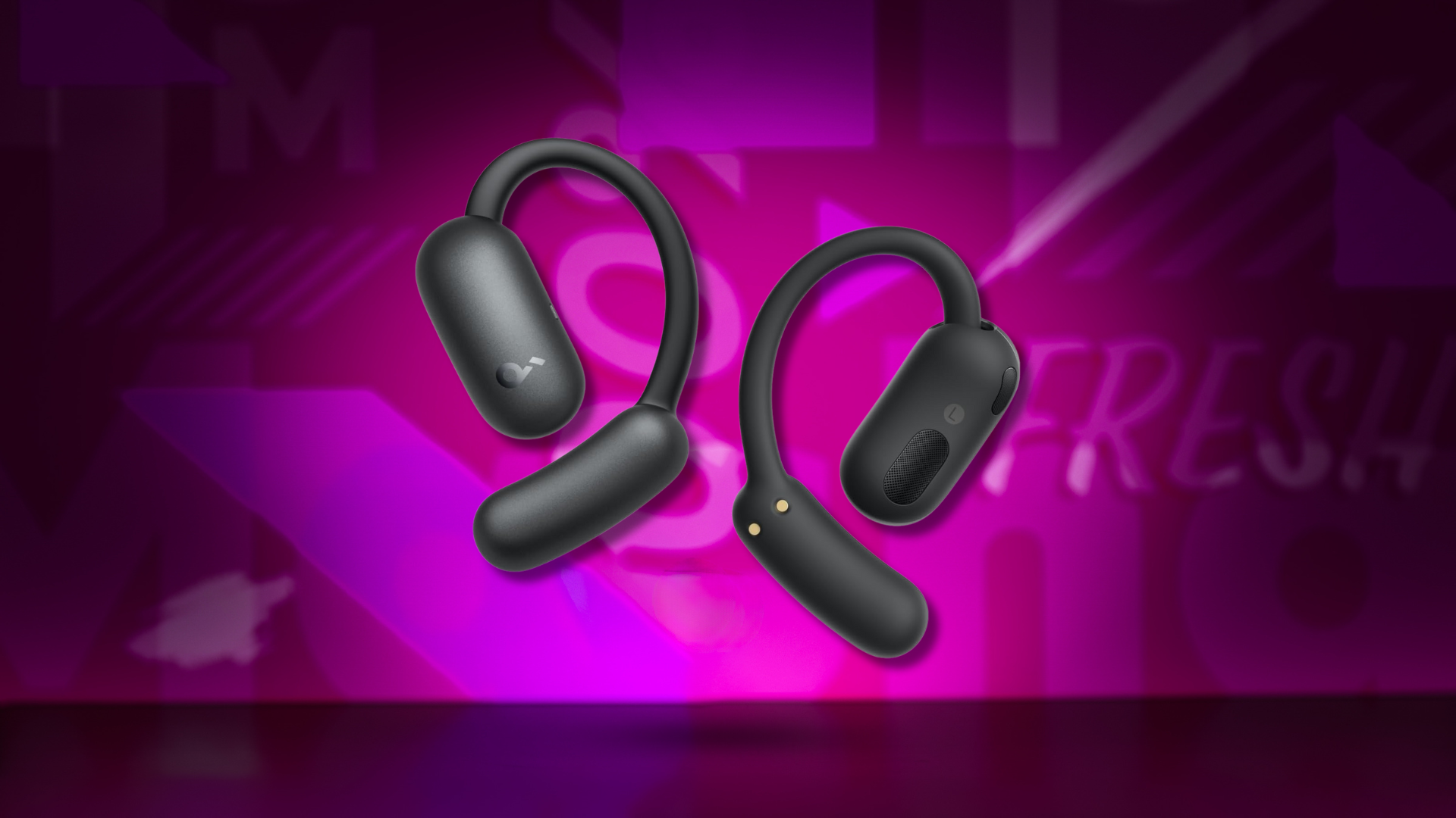 A pair of black Soundcore AeroFit 2 open-ear headphones with ear hooks, angled against a dynamic pink and purple background with abstract text elements.