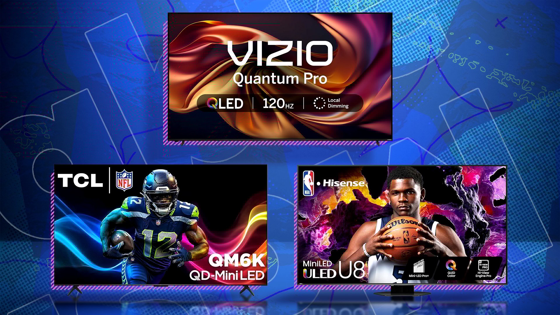 TCL, Vizio, and Hisense TVs against abstract background