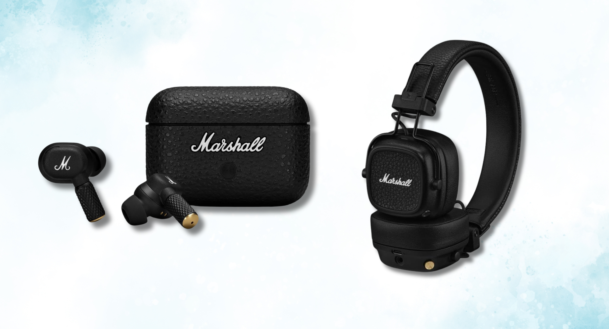 Marshall Motif II wireless earbuds with their textured black charging case displayed beside Marshall Major V on-ear headphones, both in black with the white Marshall logo, against a light background.