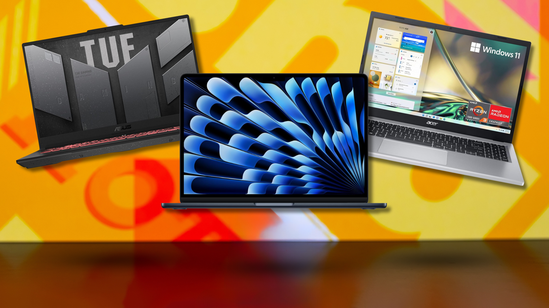 Three laptops featured for Memorial Day deals: an ASUS gaming laptop on the left, an Apple MacBook Air in the middle, and an Acer laptop on the right, on a stylized orange background.