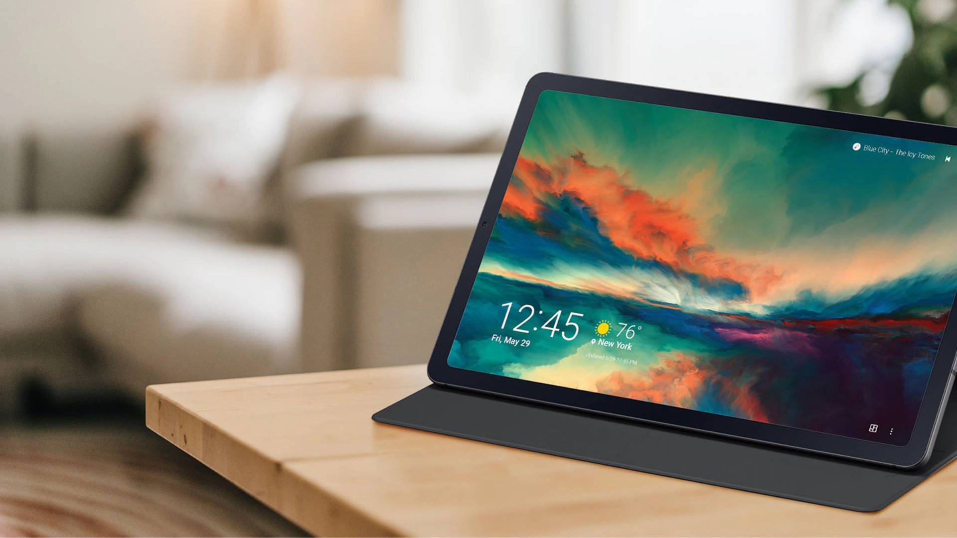 Samsung Galaxy Tab S6 Lite propped up on table
