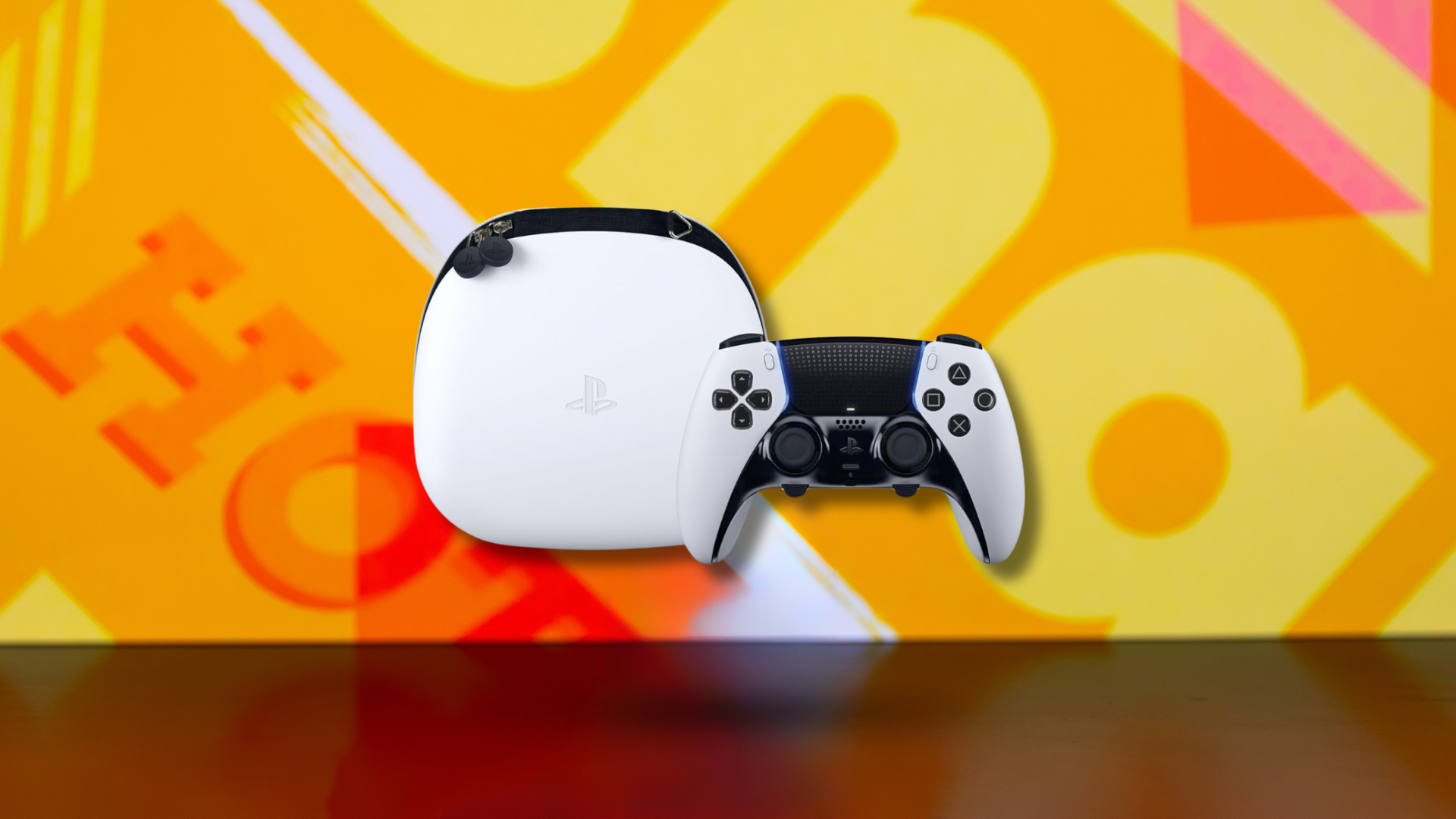 The white PlayStation DualSense Edge wireless controller with black accents, shown slightly in front of its white protective carrying case, set against a vibrant orange and yellow graphic background.