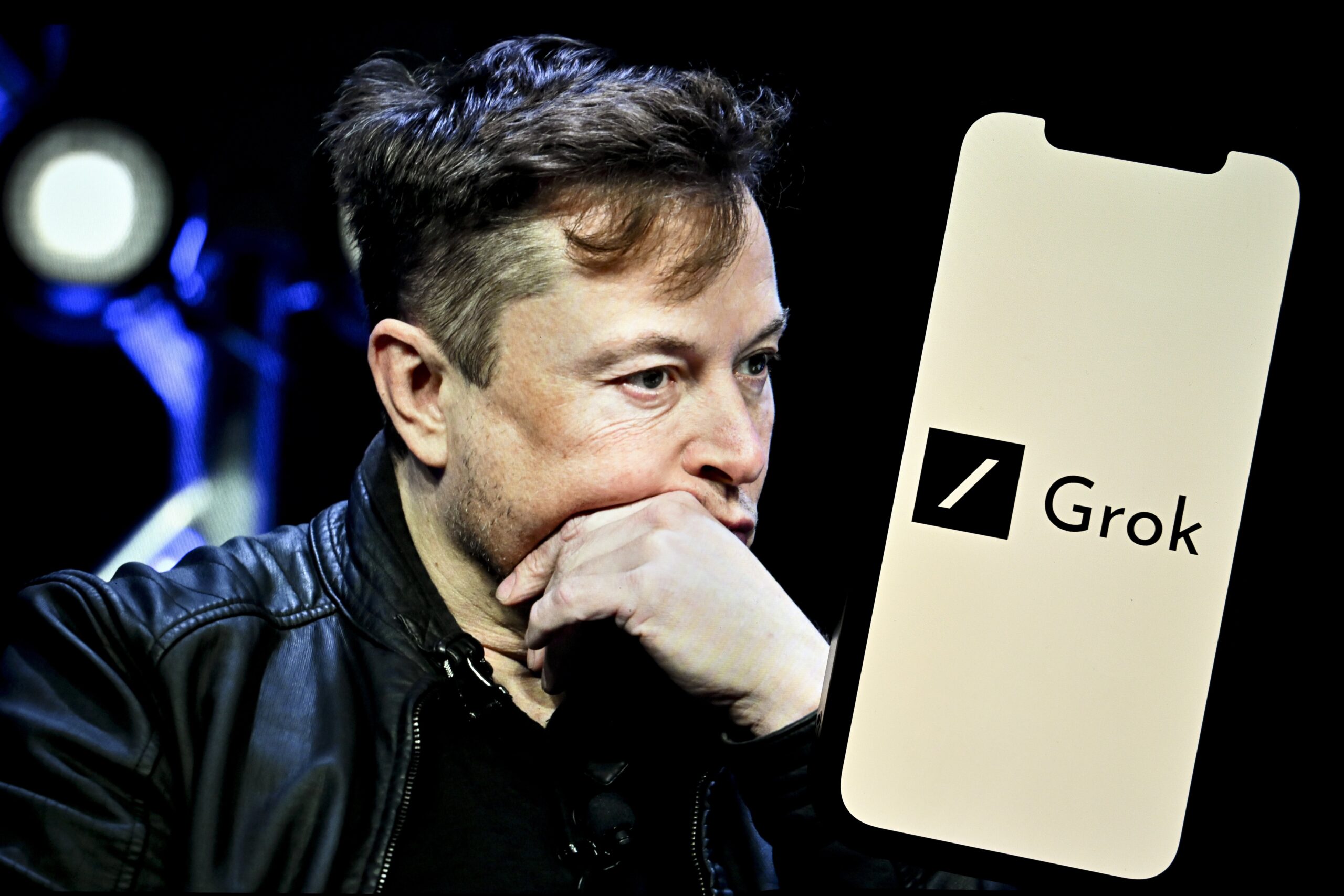 Elon Musk and Grok logo on mobile device