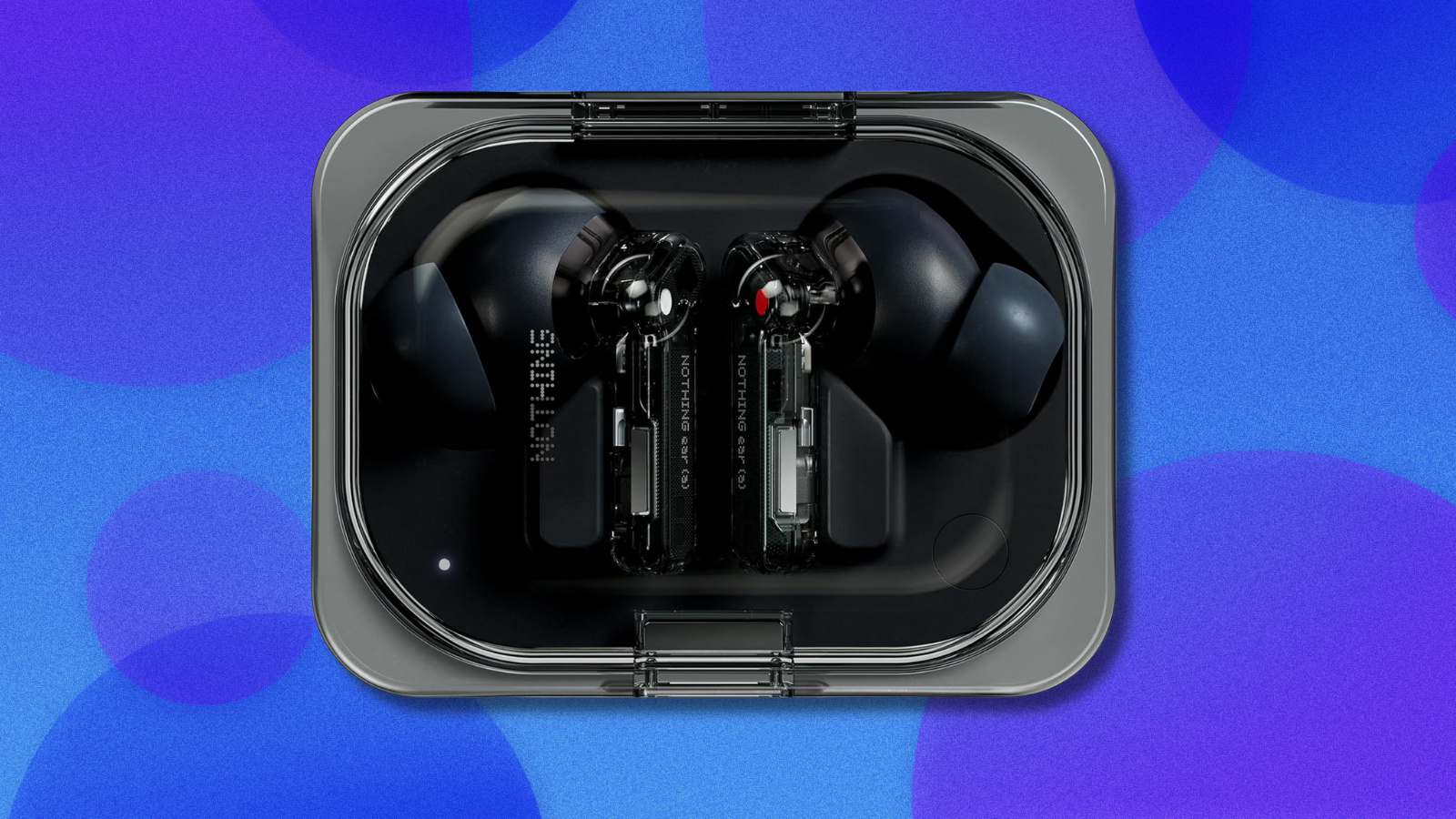 Nothing Ear (a) earbuds on blue and purple abstract background