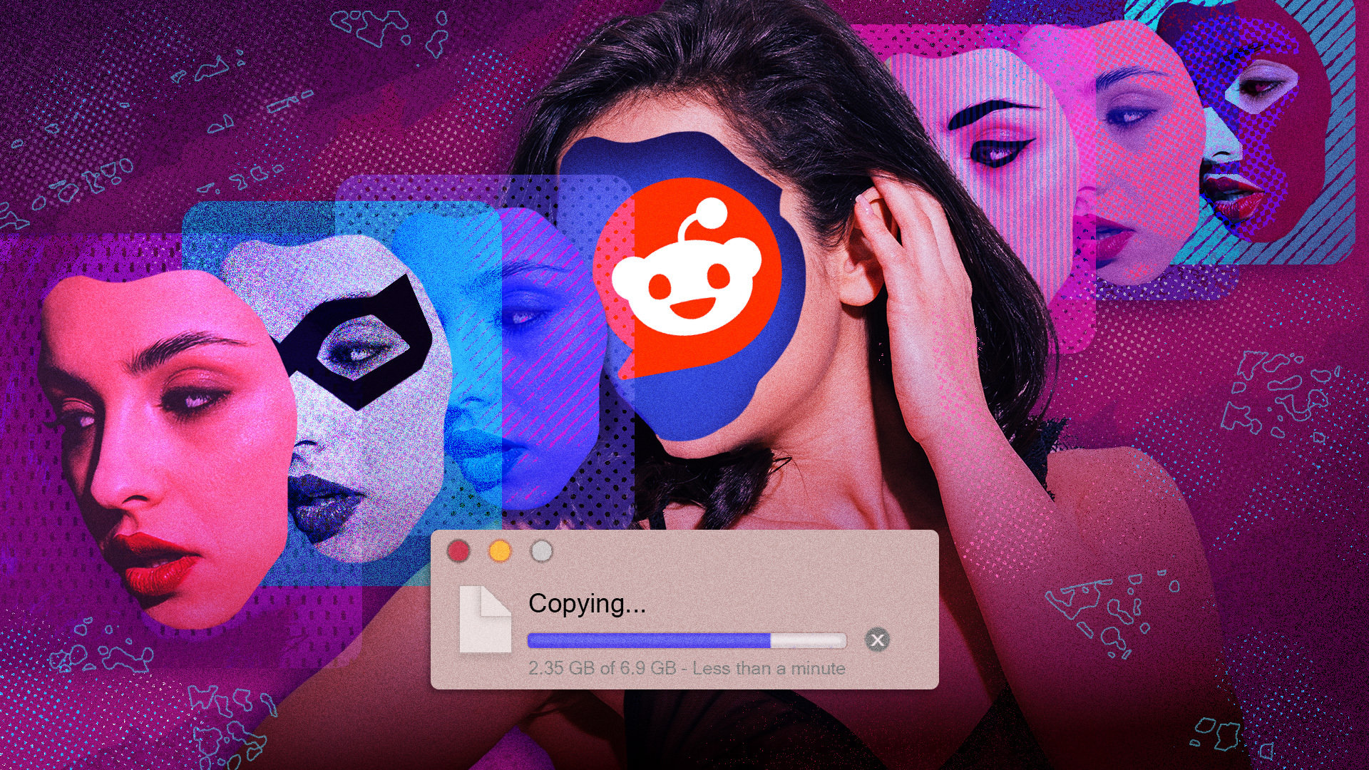 A stylized digital collage showing a woman’s face obscured by Reddit’s logo, surrounded by overlapping, color-shifted versions of her face in various altered states — masked, duplicated, and stylized.