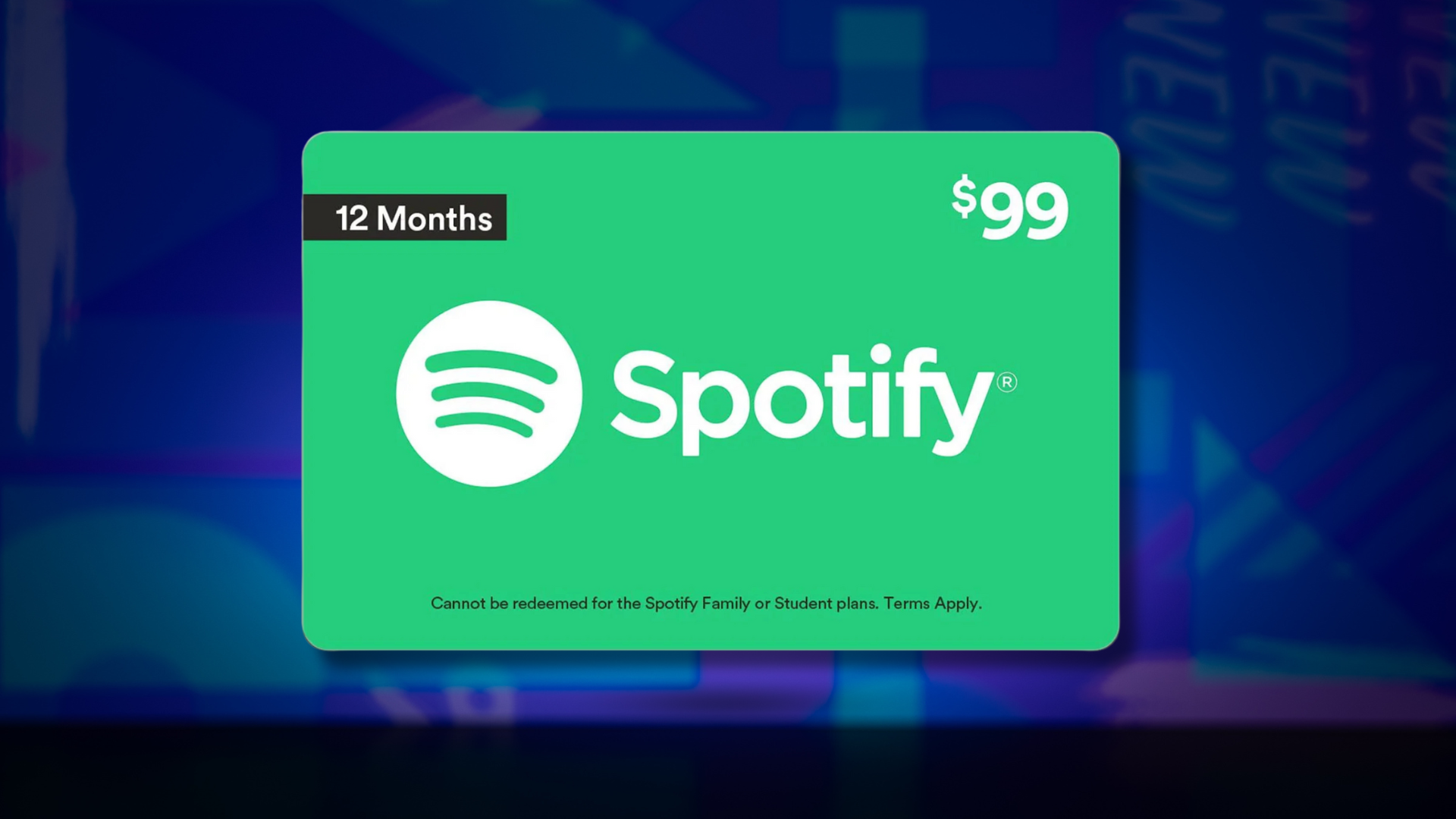 A Spotify gift card on a colorful background.