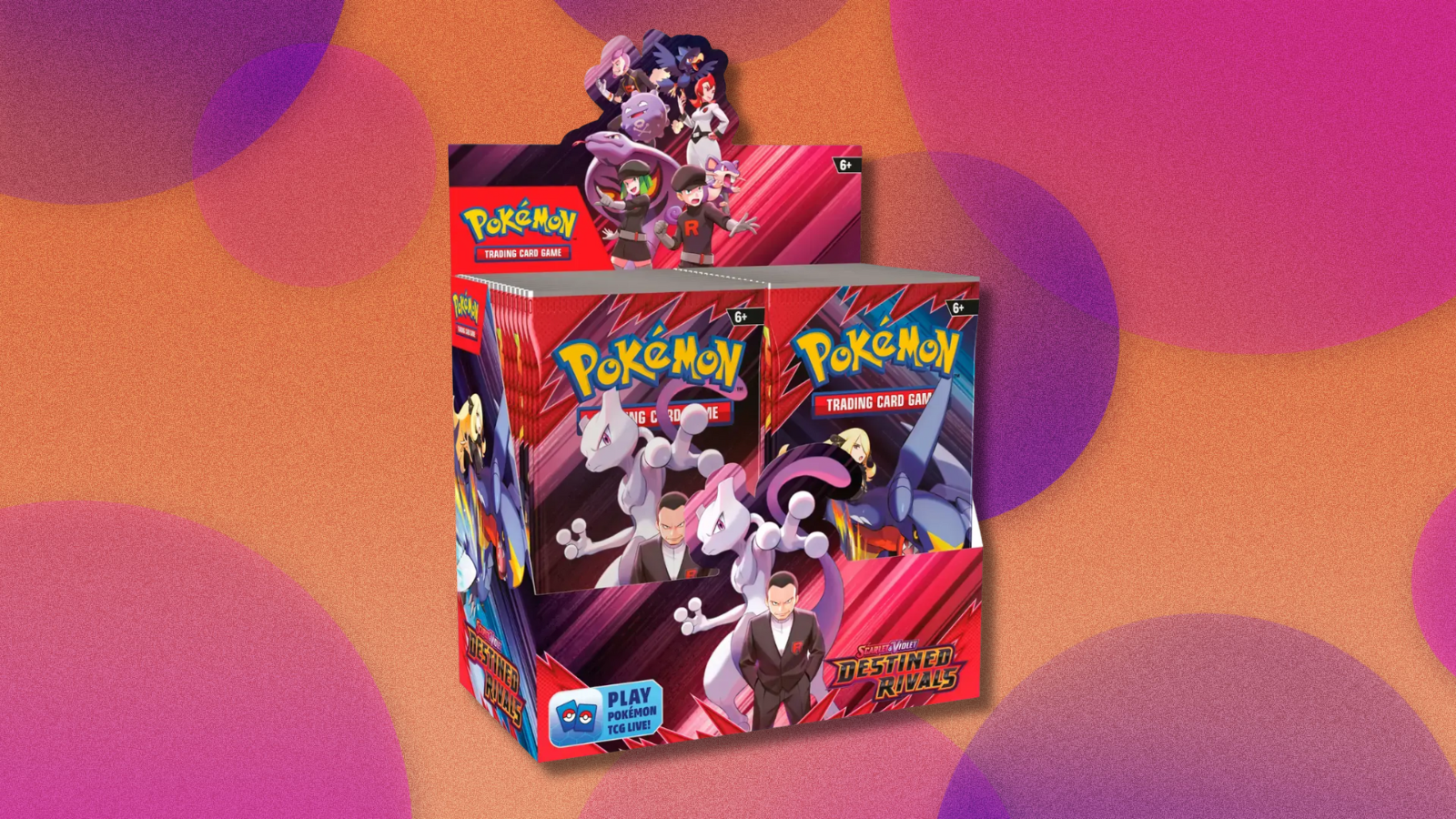 Pokémon TCG Destined Rivals booster box on orange and red abstract background