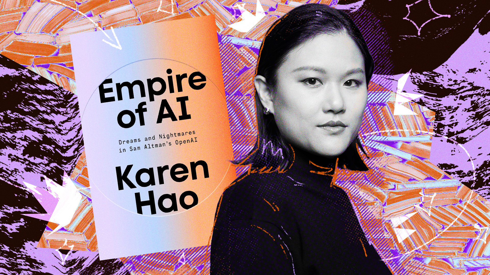 author karen hao next to a copy of her book 'empire of ai'
