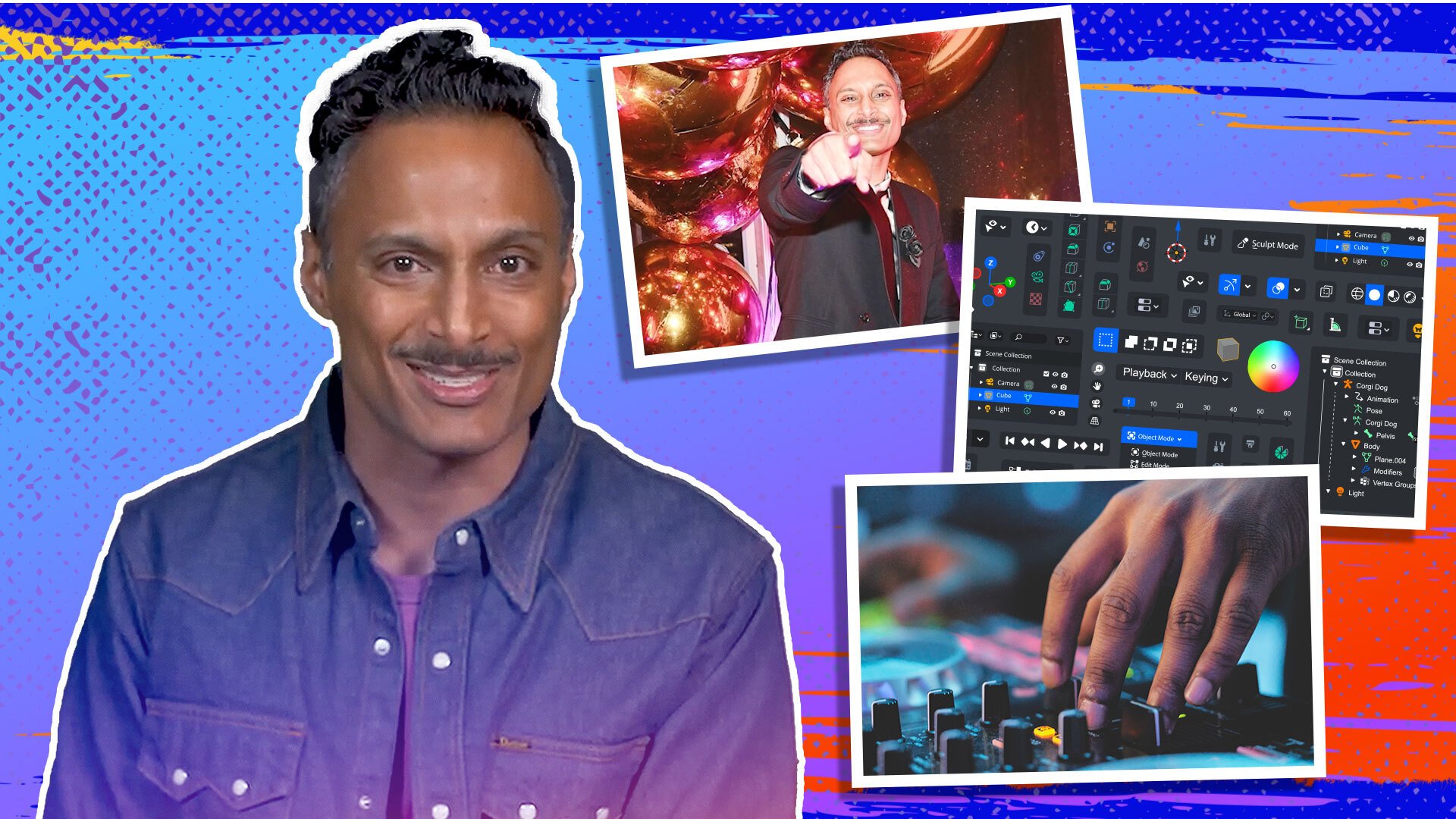 Shaun Vakil and a collage of photos in front of a blue background