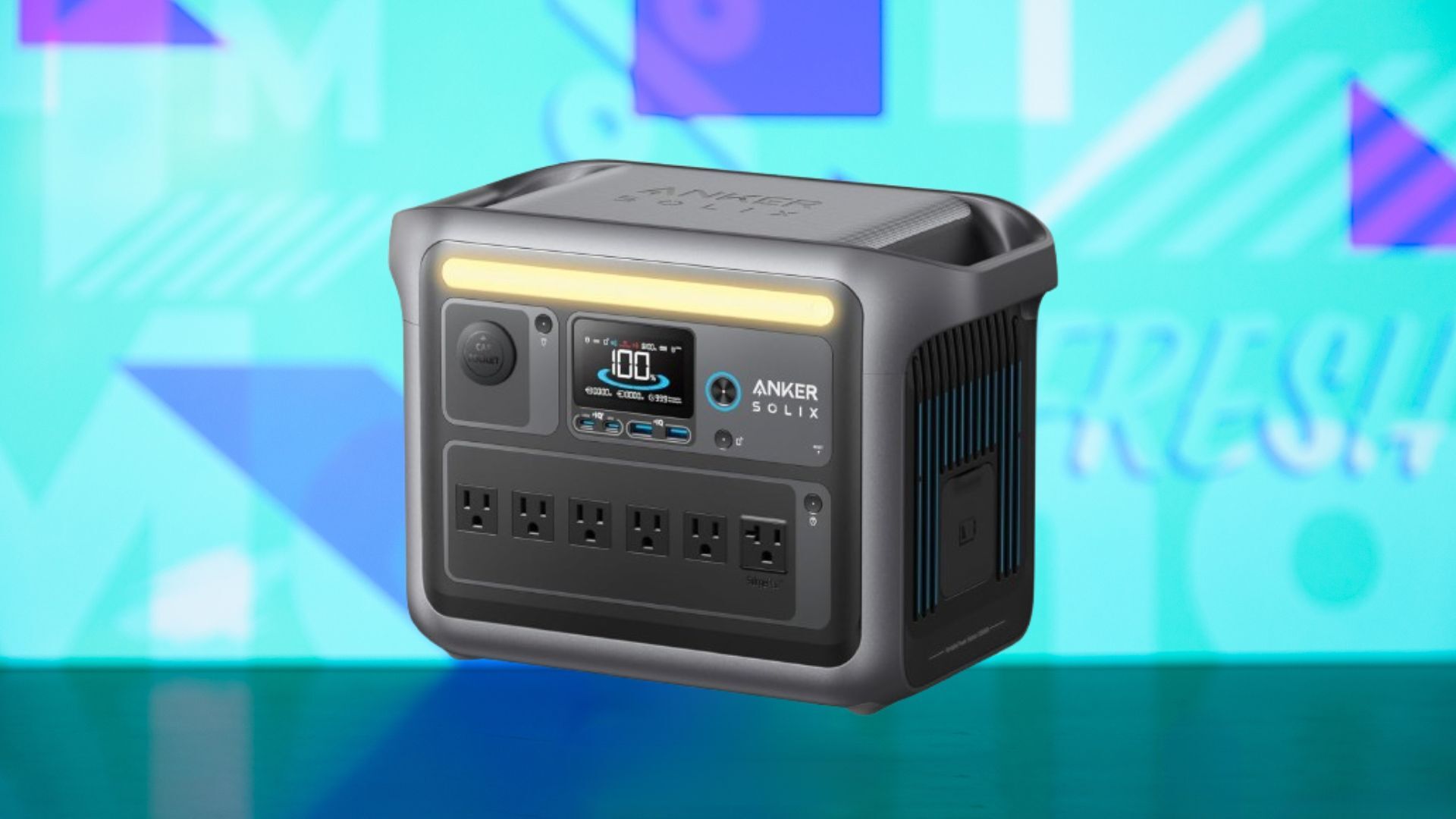 A battery bank appears on a multicolored background.