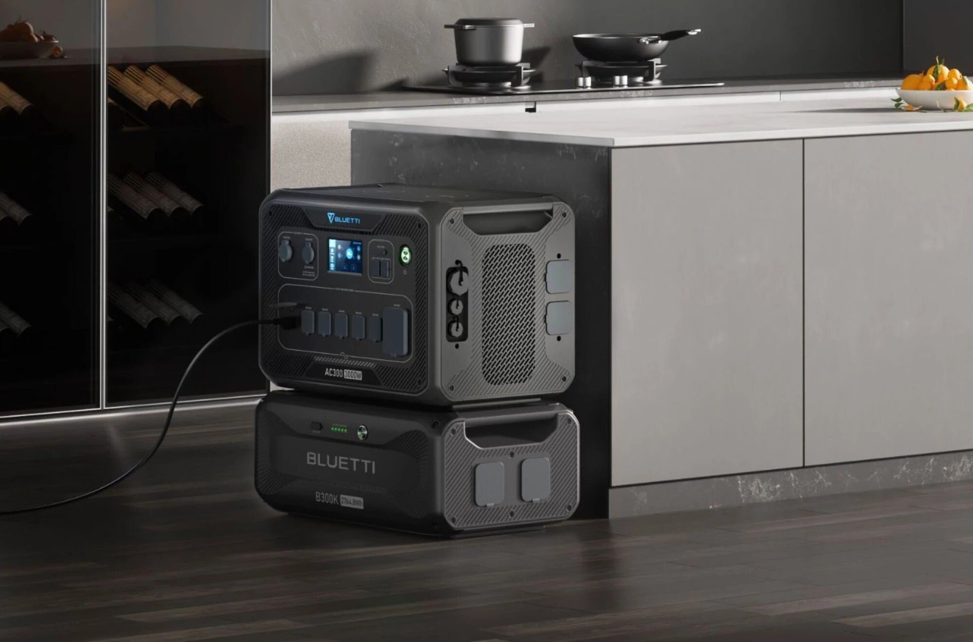 a bluetti portable power station with backup battery sits in a modern kitchen