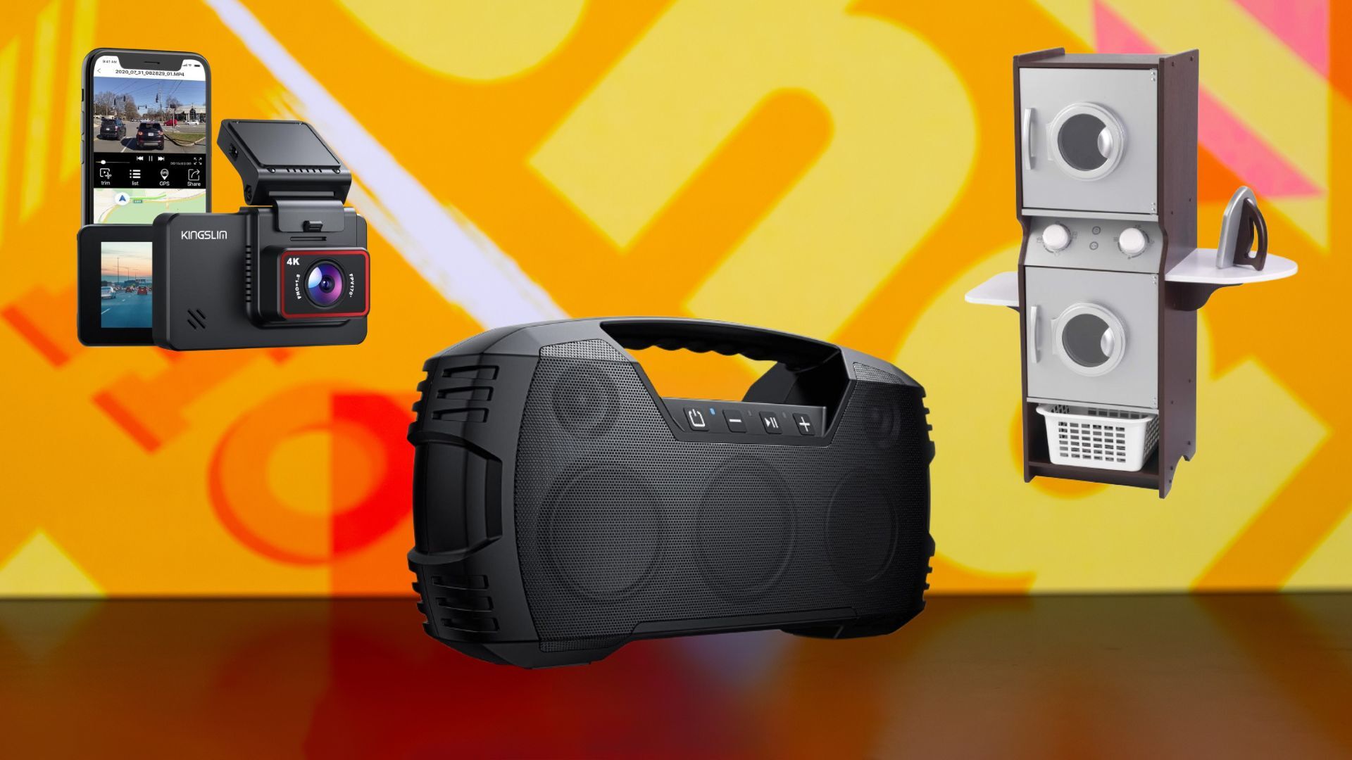 A dashcam, bluetooth speaker, and laundry toy appear on a multicolored background.