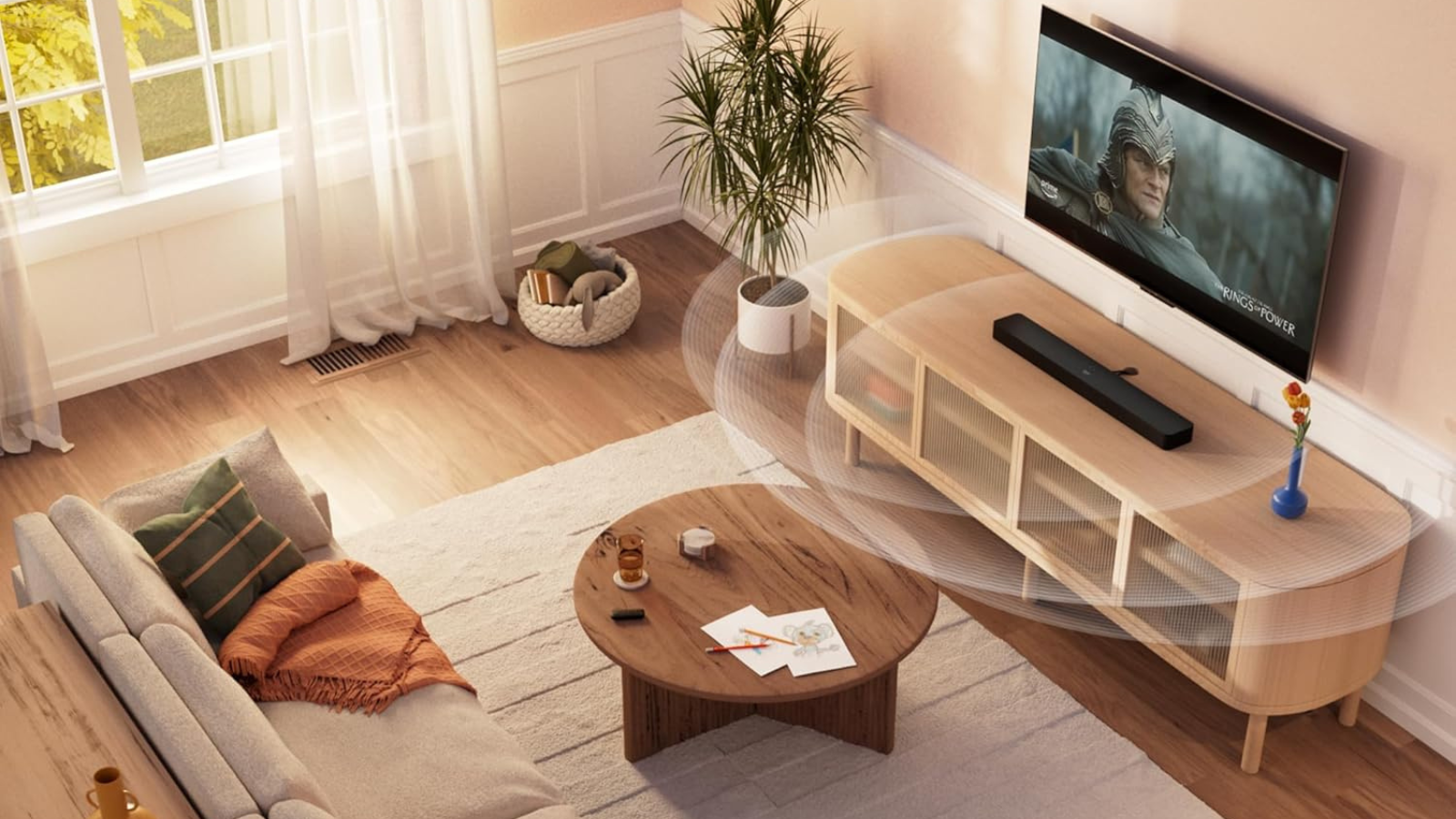 living room with Fire TV Soundbar Plus blasting sound from TV