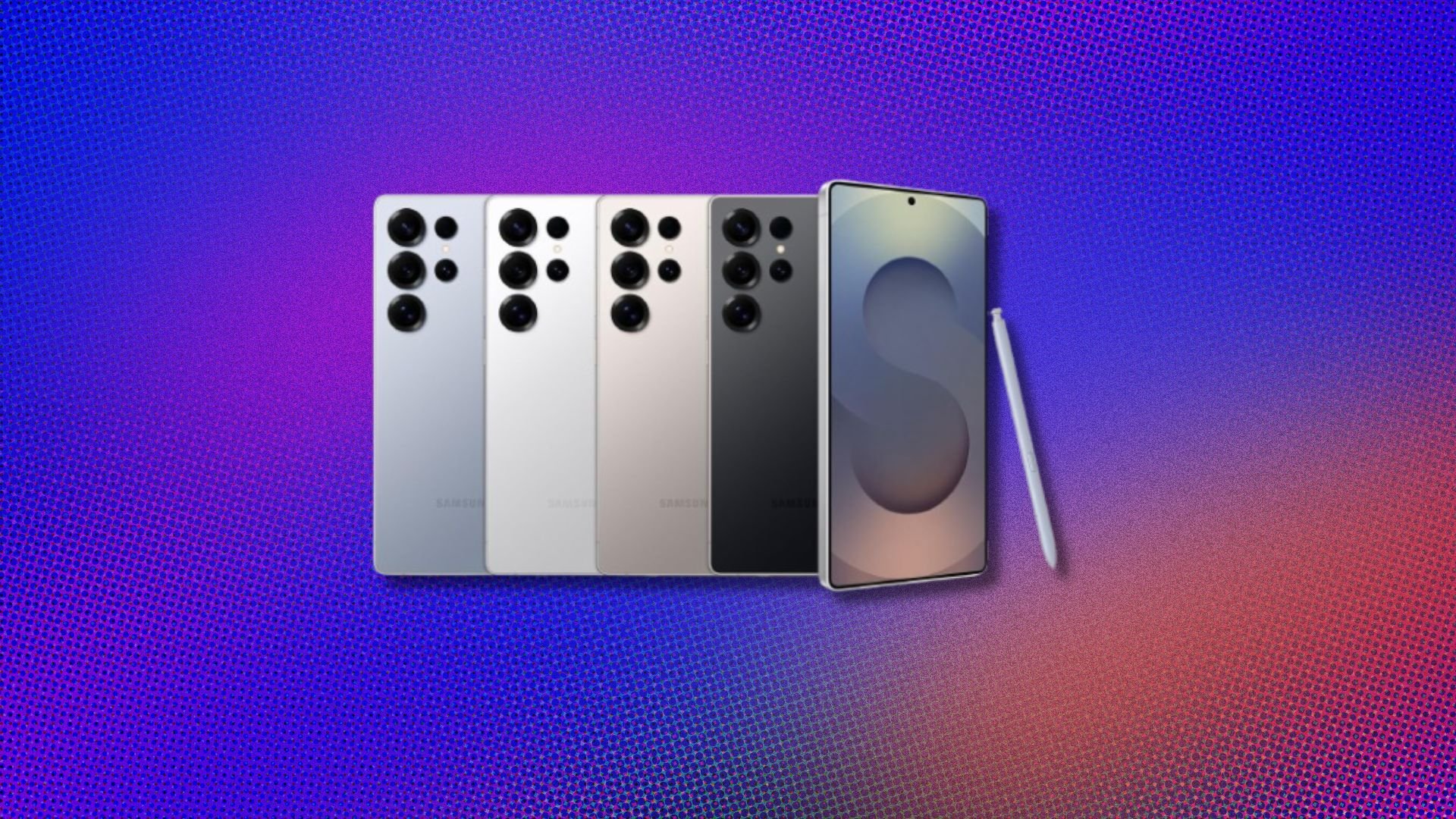 the samsung galaxy s25 ultra phone in a row with the included s pen leaning against the far right phone
