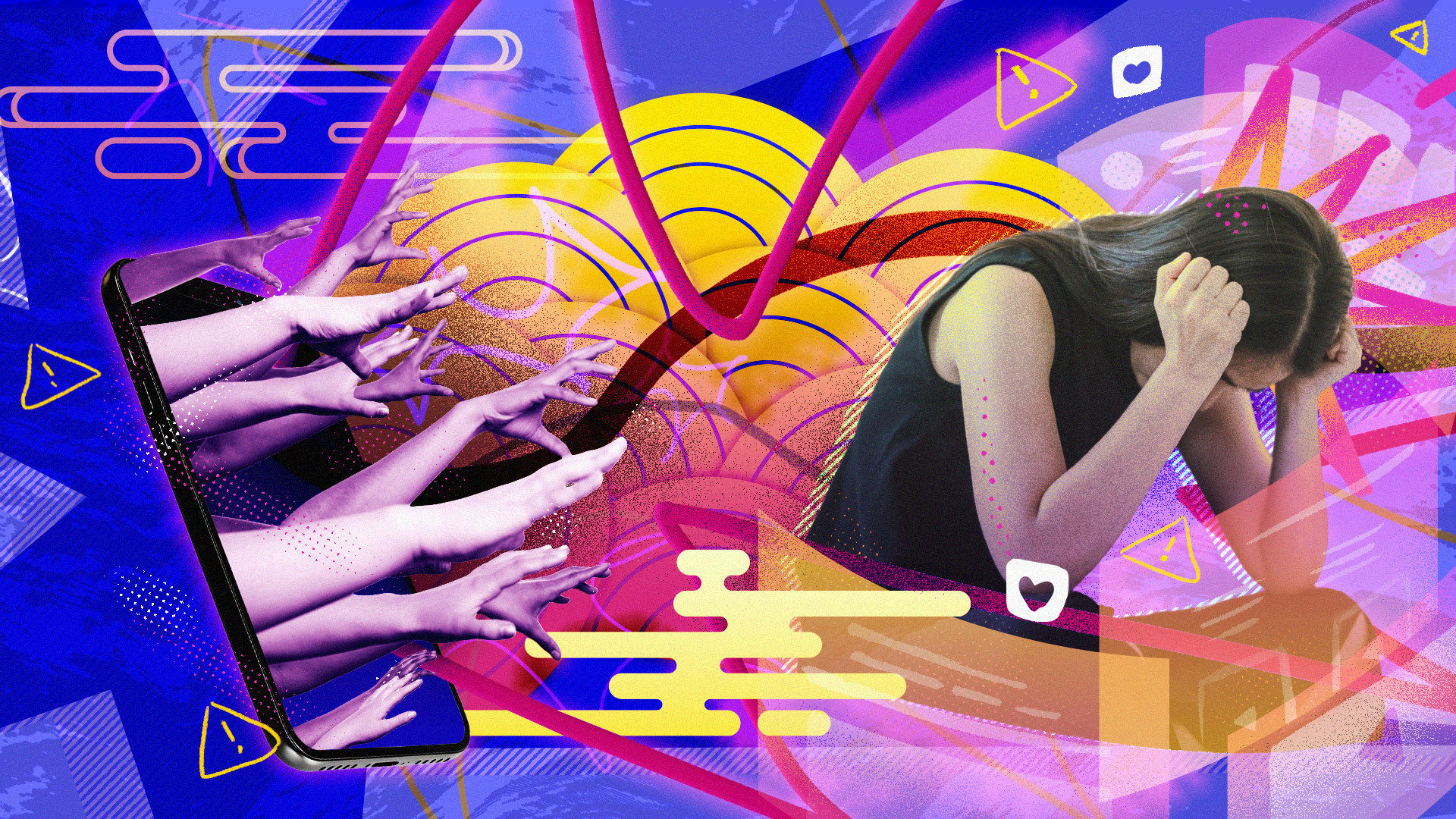 A colorful collage showing a woman hunched over and covering her head as hands reach out from a smartphone.