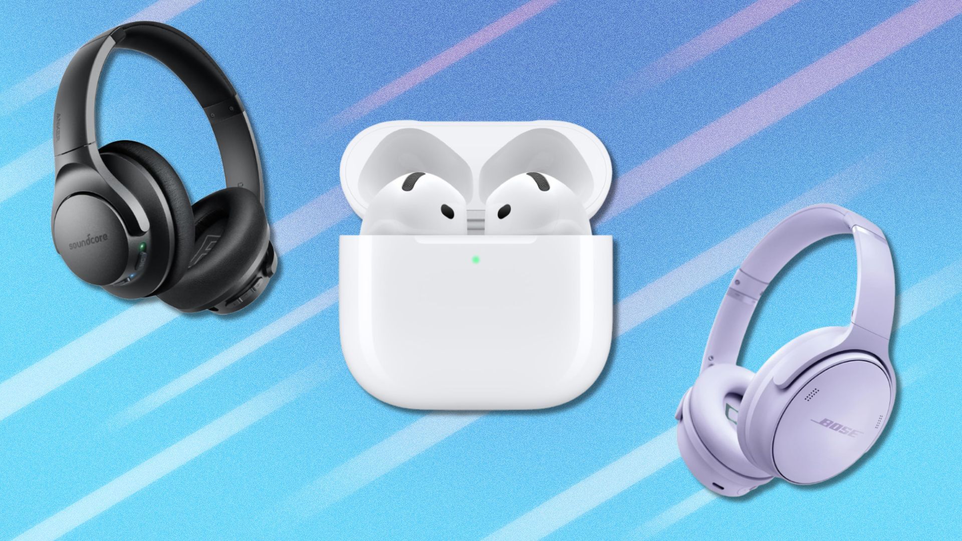 a pair of anker headphones, apple airpods, and bose headphones on a blue background