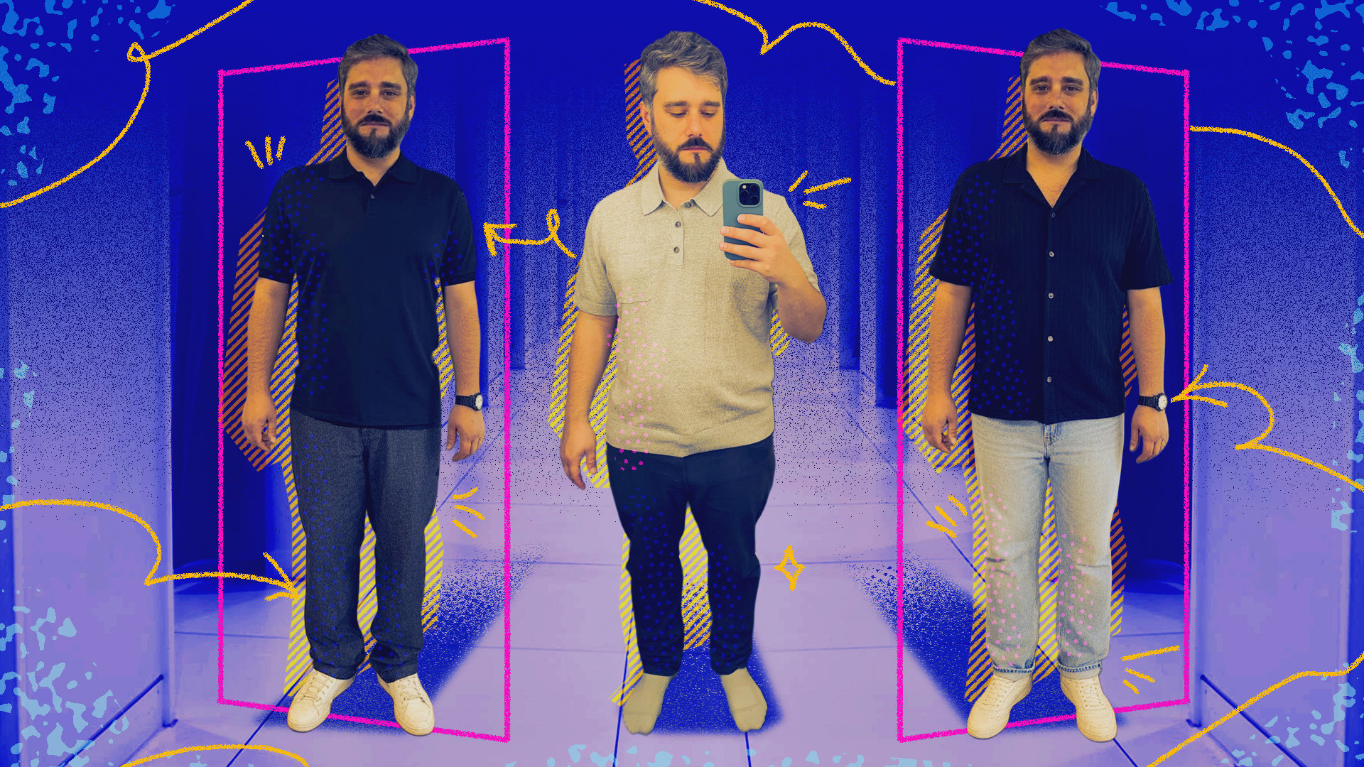 a handsome man wearing three different outfits