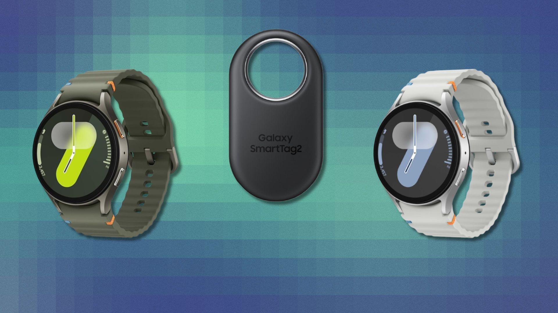 two samsung galaxy watch 7s with a samsung smarttag2 in the center
