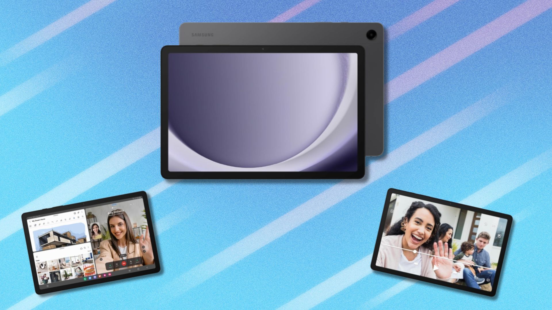 the samsung galaxy tab a9+ displayed three times on a blue background