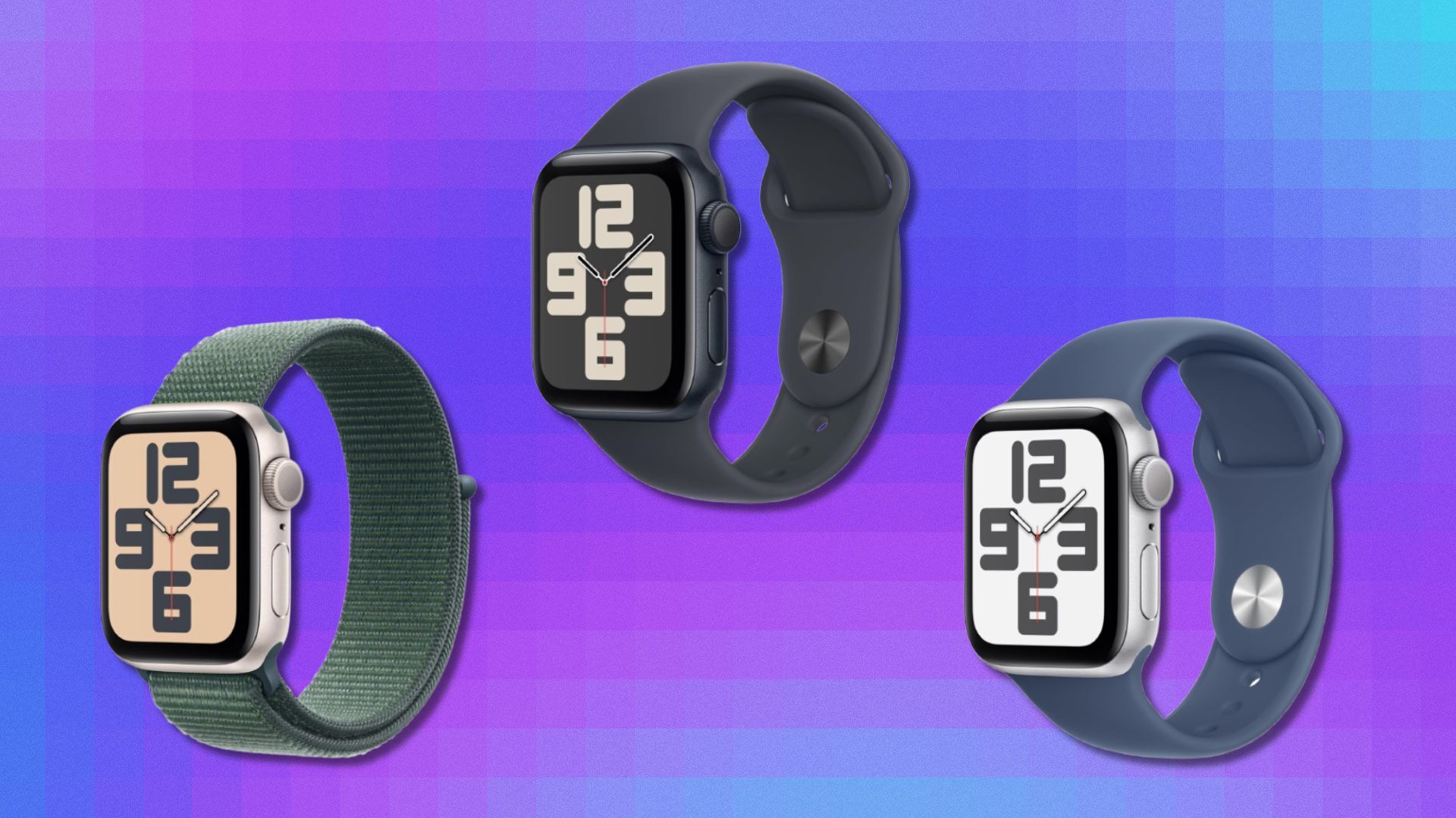 three apple watch SE of various colorways on a purple and blue background that appears in large pixels