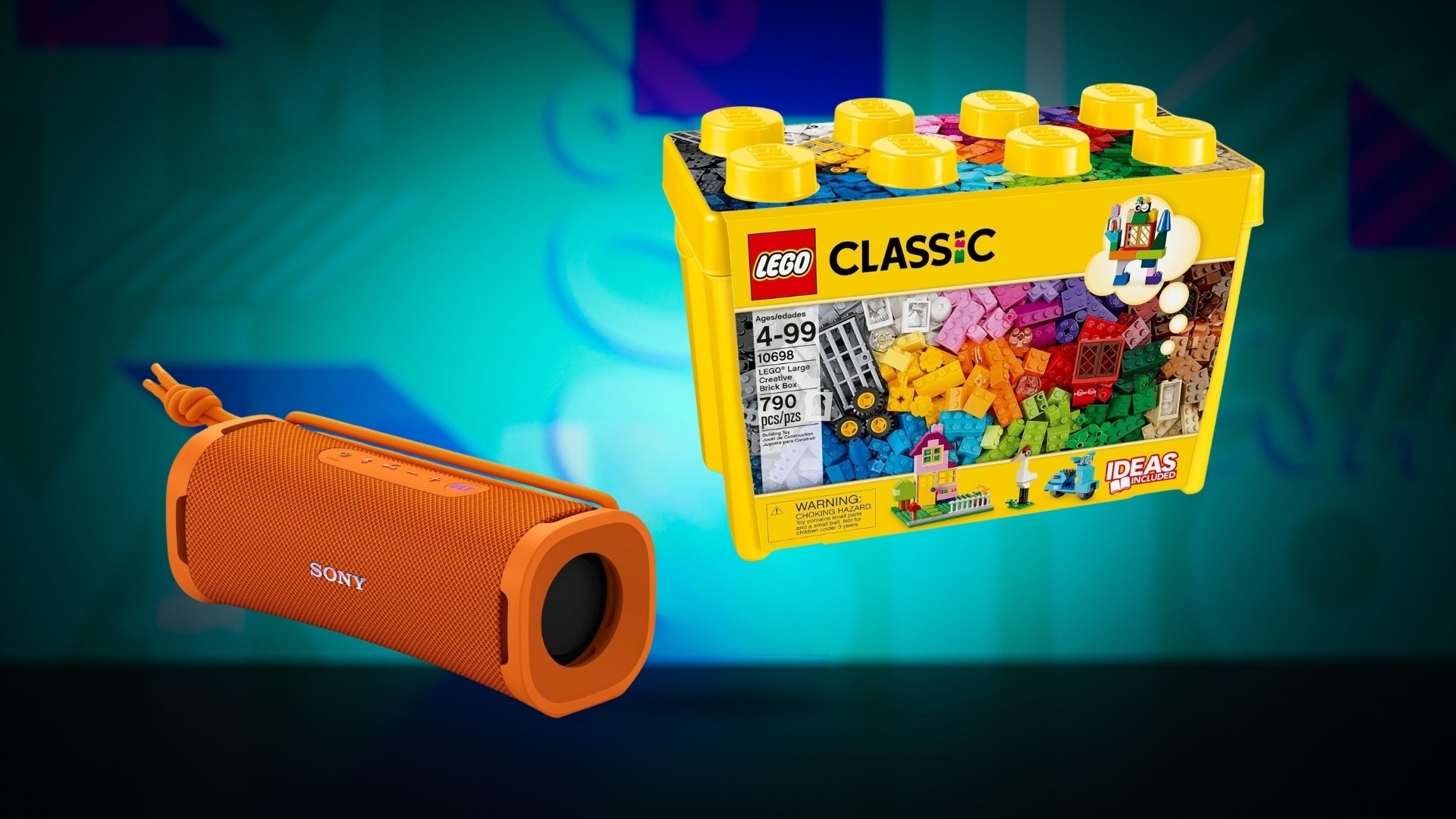 Sony ULT Field 1 speaker and Lego Classic box with multi-colored background