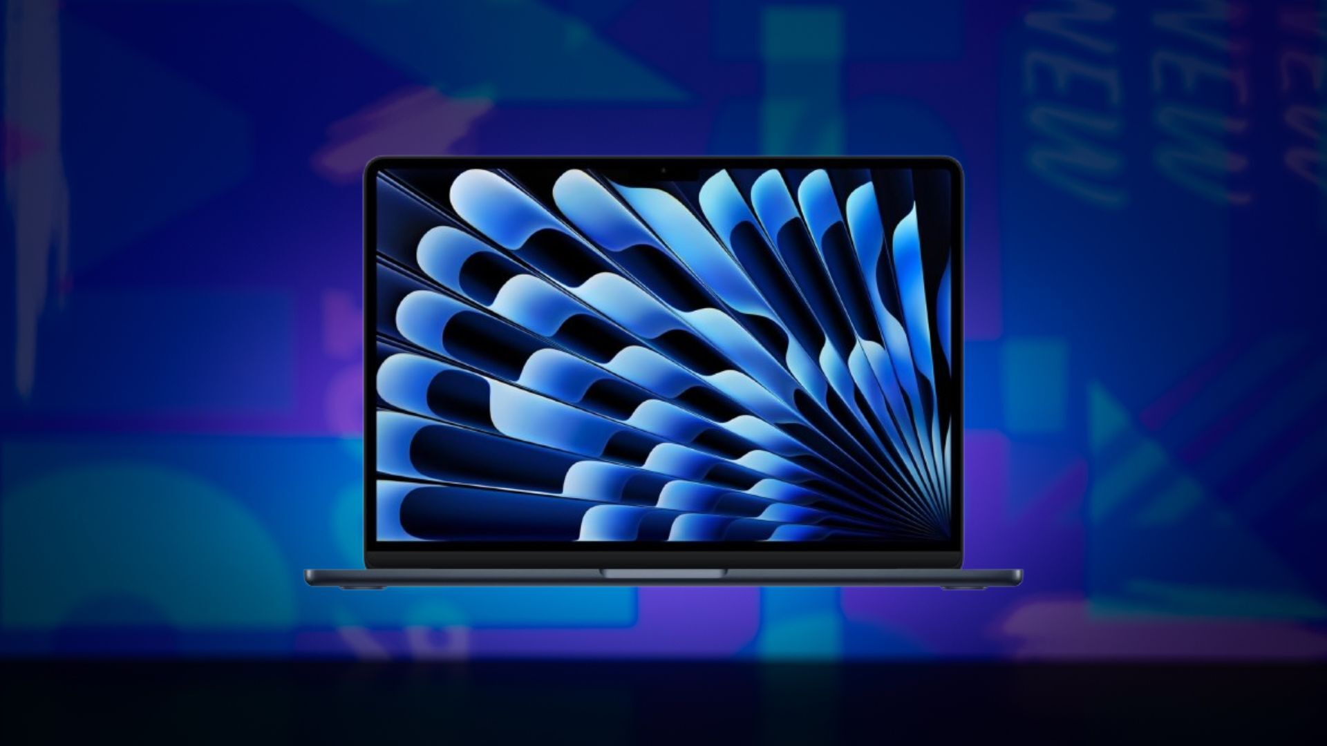 A Macbook Air appears on an abstract background.