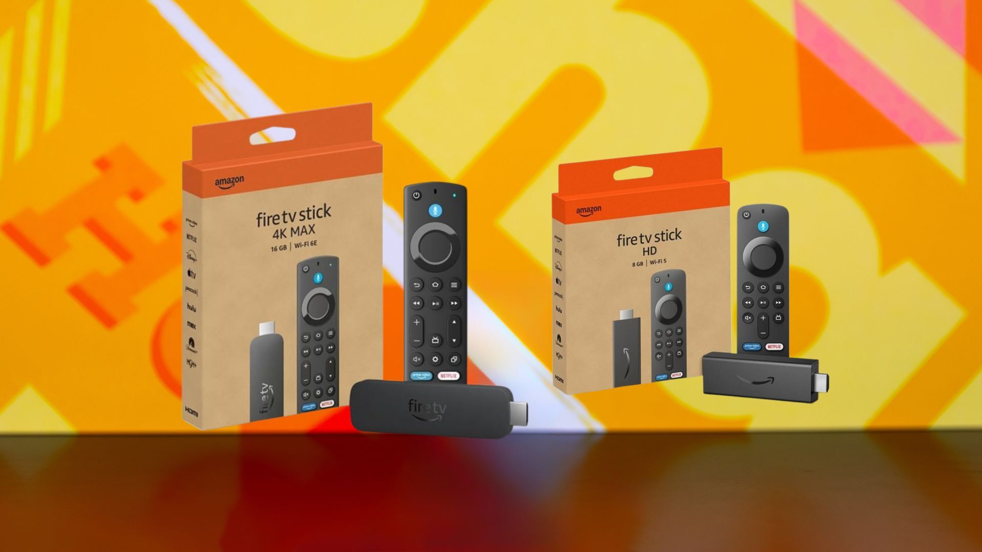 An Amazon Fire Stick HD and Amazon Fire Stick 4K appear on an abstract background.