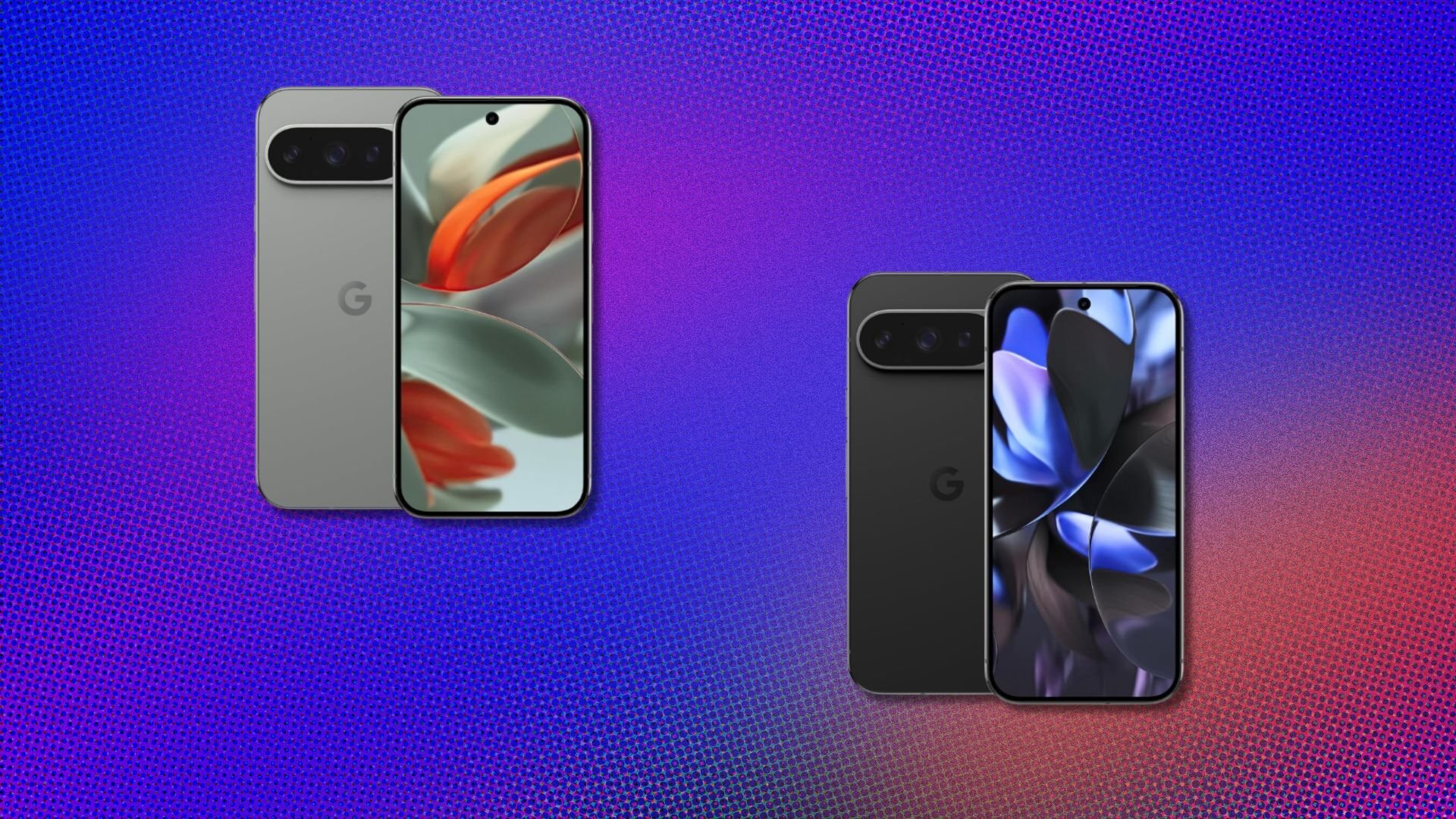 two google pixel 9 pro phone on a blue, purple, and pink background