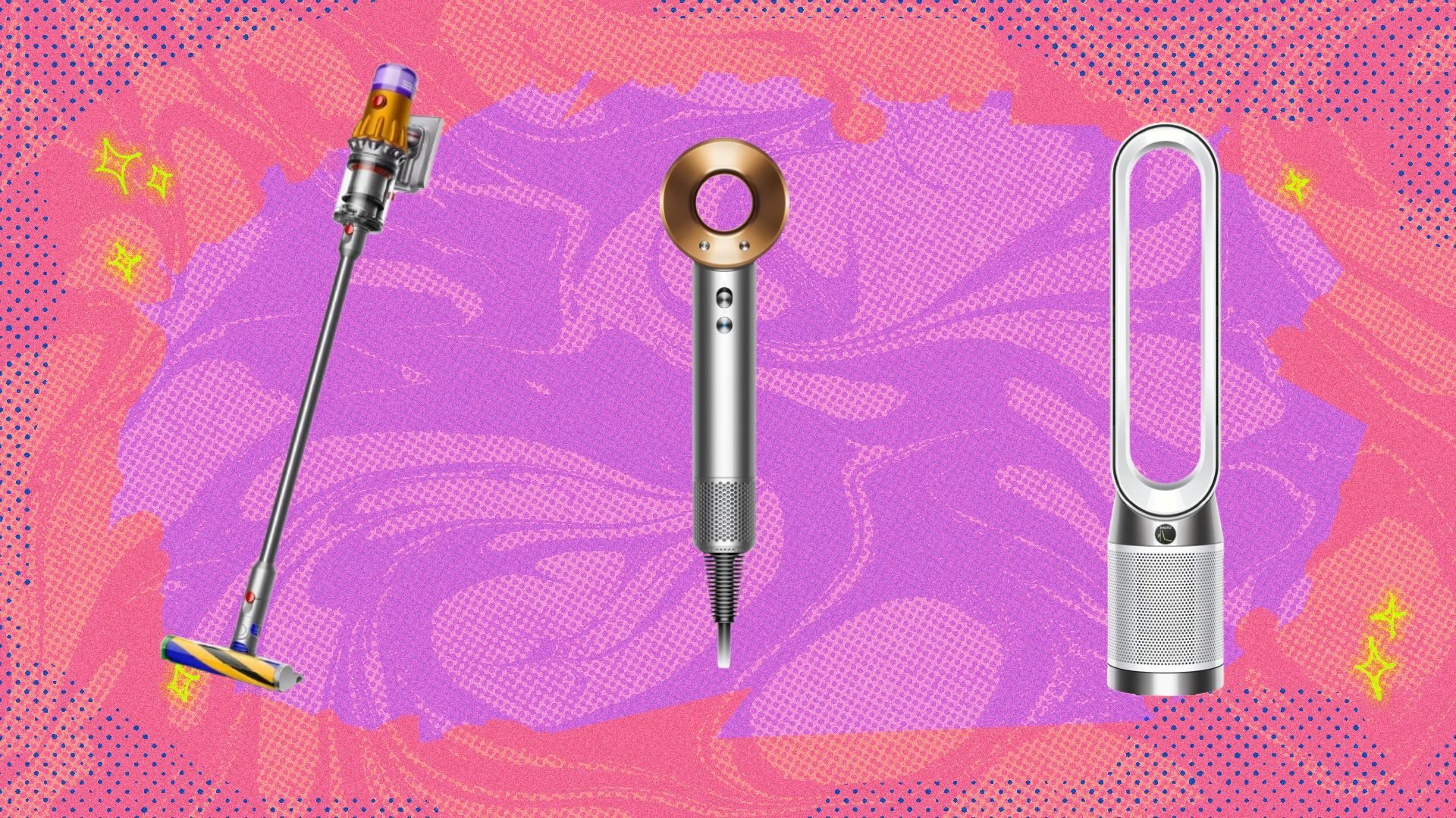 a dyson vacuum cleaner, supersonic hair dyer, and air purifier on patterned background
