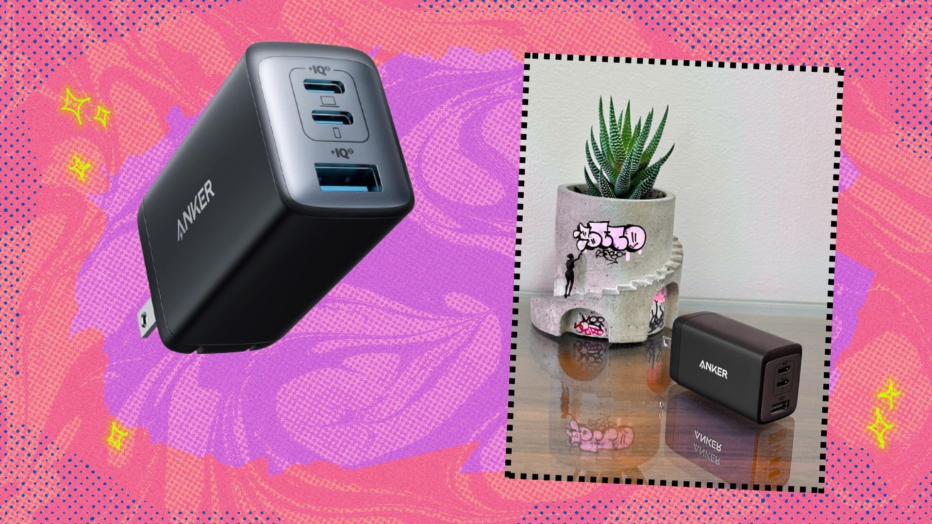 anker powerport III charger and insert showing charger with succulent planter