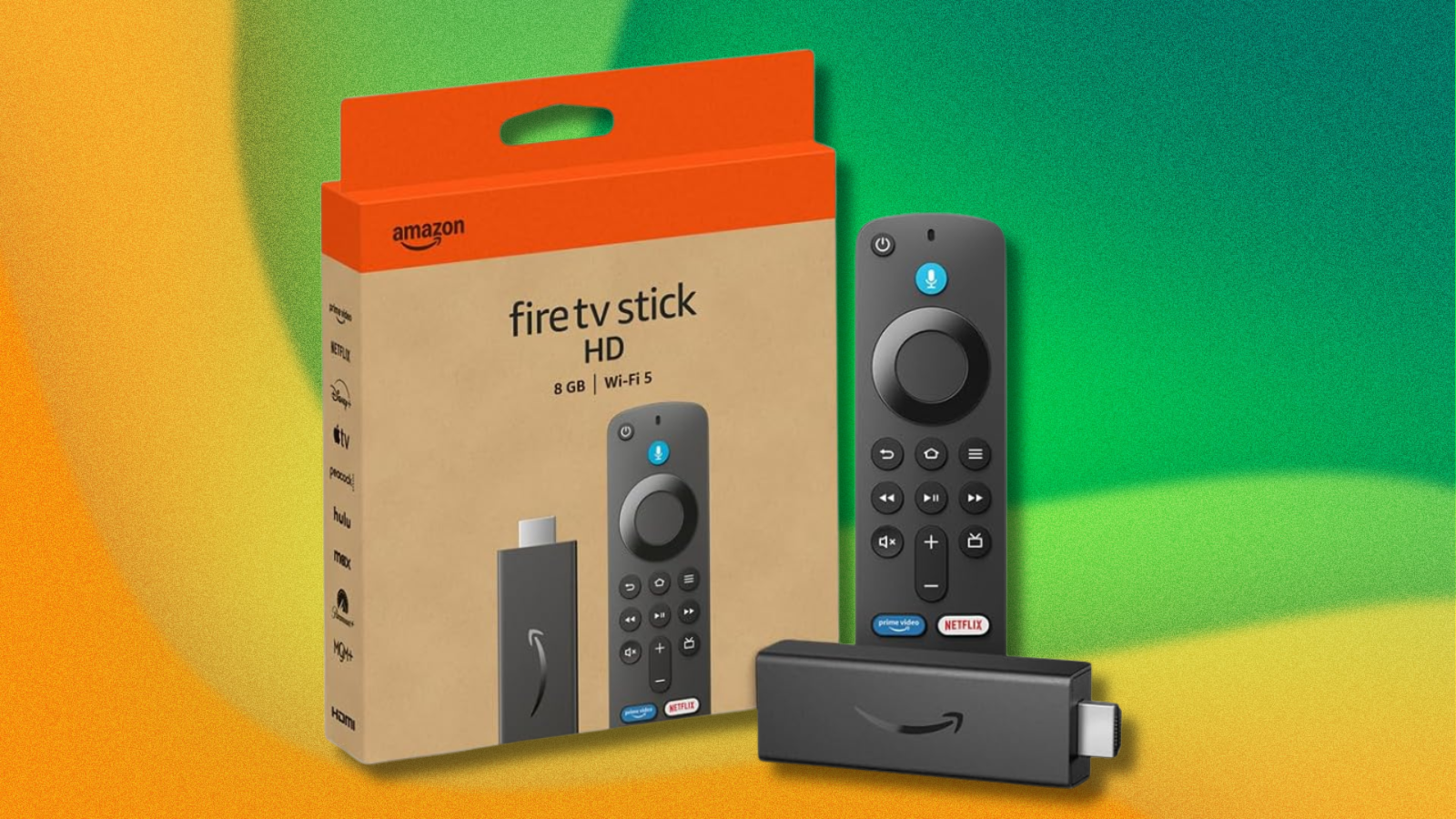 Amazon Fire TV Stick HD on green and yellow abstract background