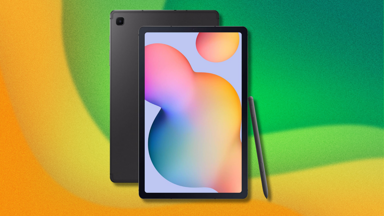 Samsung Galaxy Tab S6 Lite on green and yellow abstract background